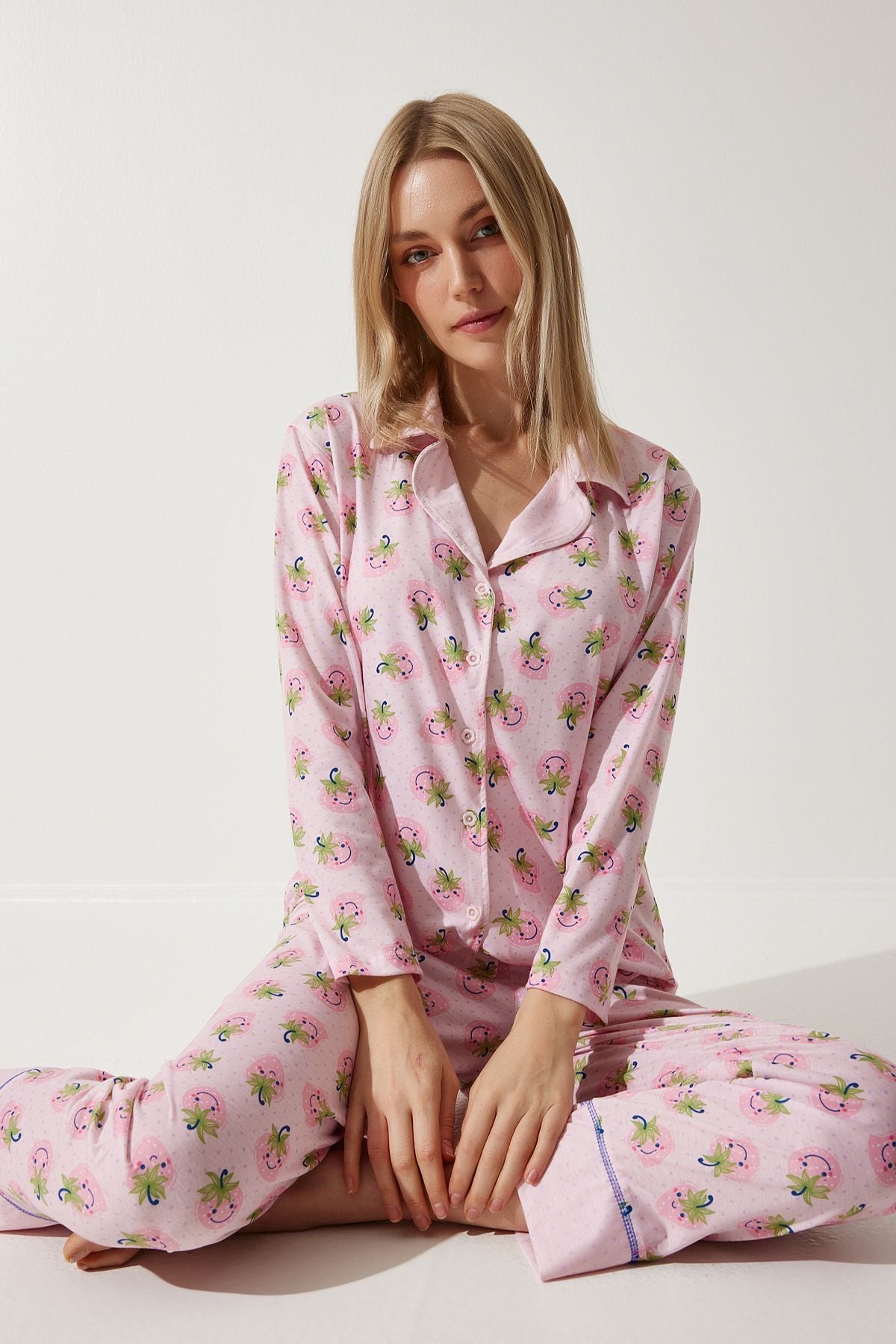 Woman Pink Patterned Shirt-Pantolone Knitting Pajama Set TK00092