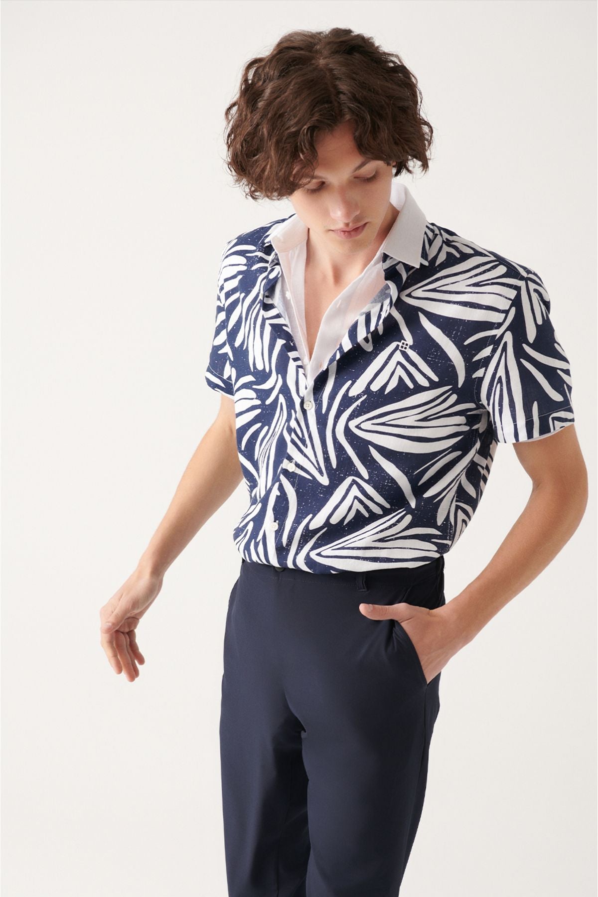 Men's Navy Blue 100 %Cotton Printed Short Sleeve Shirt A31y2240