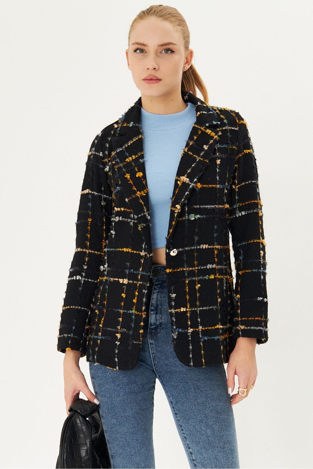 Female mustard tüvit fabric single button jacket ARM-25K001042