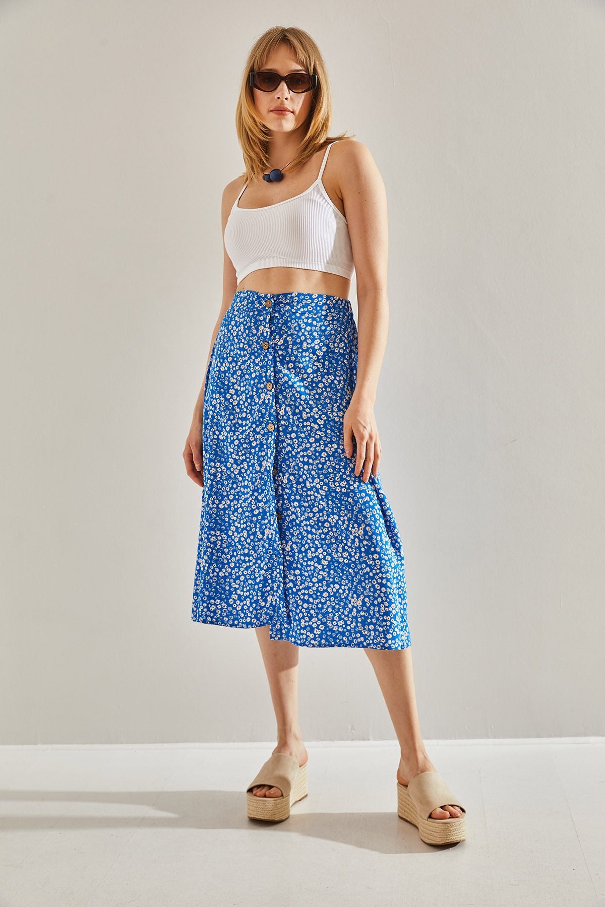 Women's Blue Midi Boy Button Detailed Tire Patterned Skirt 60251012