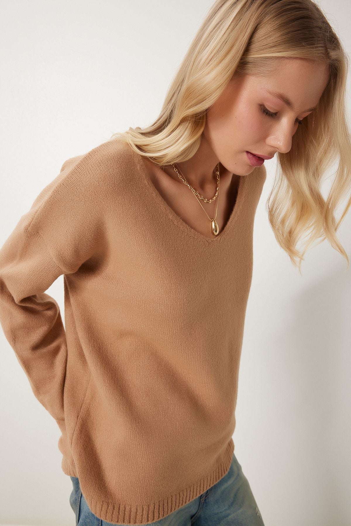 Female Biscuit V -Neck Knitwear Kazakh ZA00063