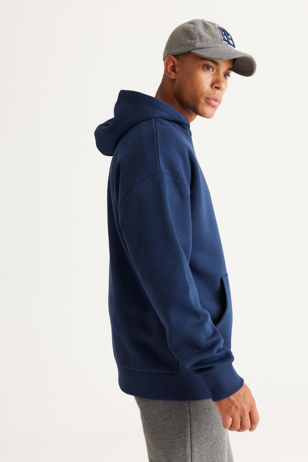 Men's Navy Blue Oversizle Fit Plenty Cut Hooded 3 -IP Cotton Sweatshirt