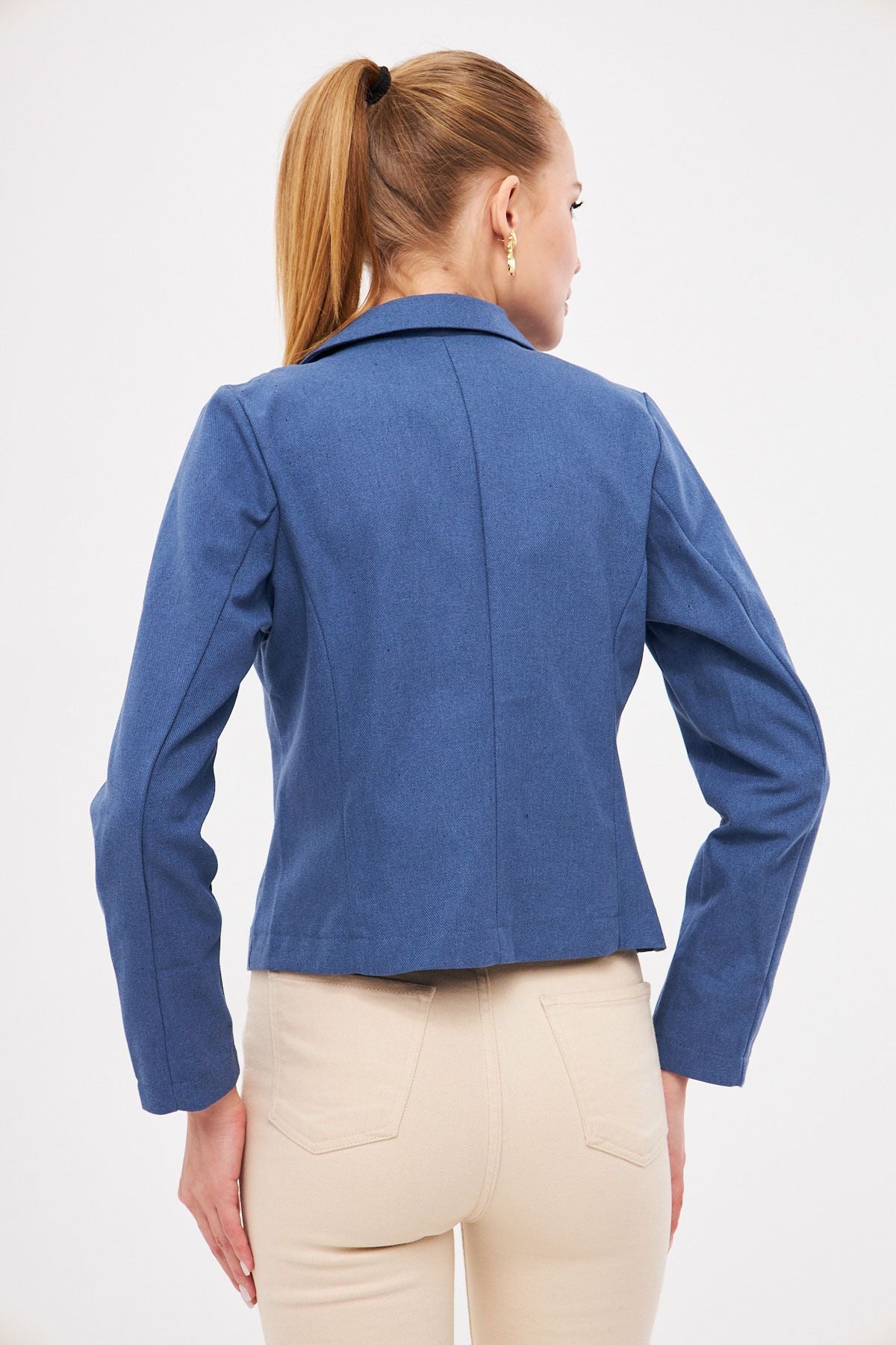 Woman Dark Blue Cruiser Collar Gabardin Crop Jacket ARM-24Y001010