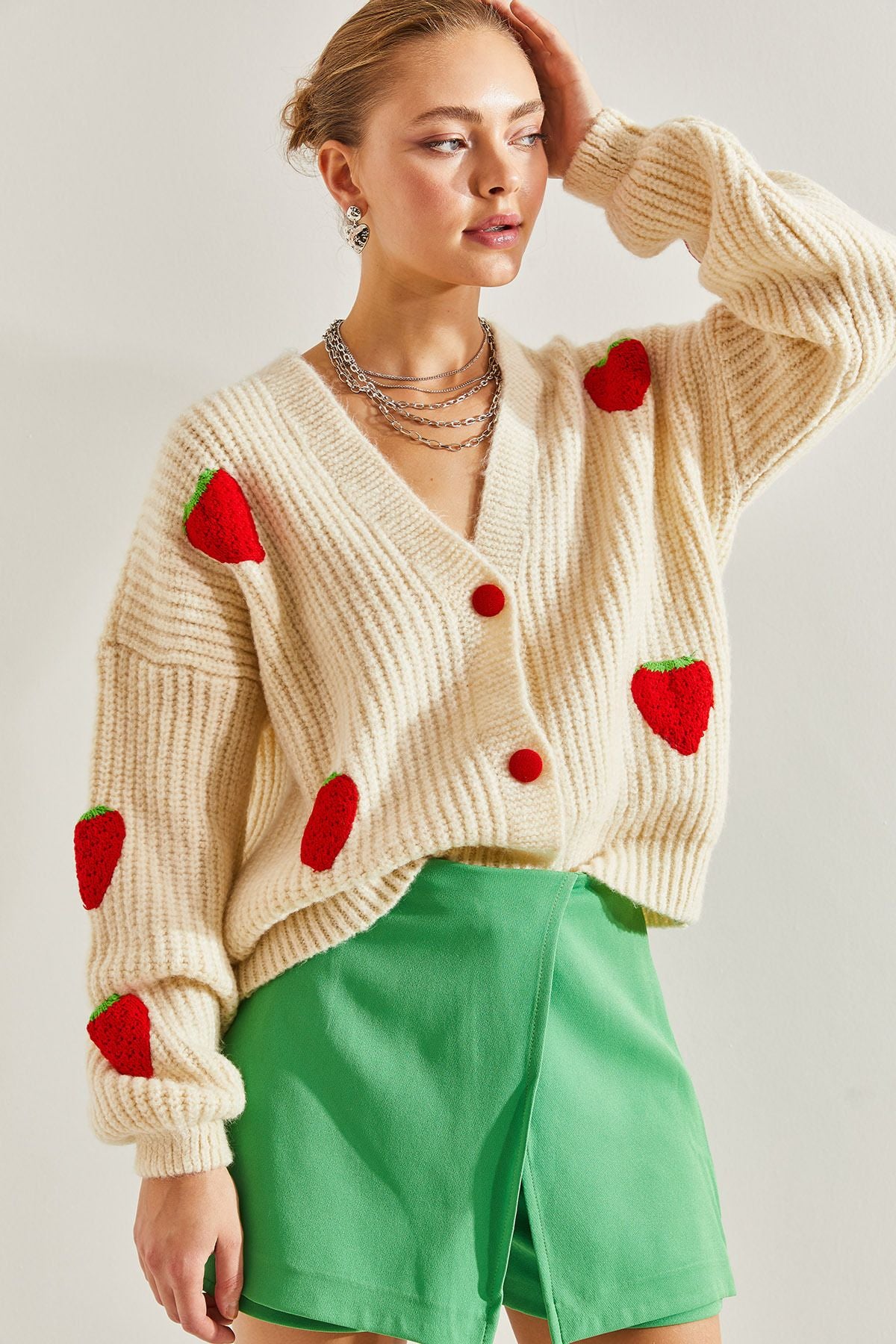 Woman strawberry button knitwear cardigan