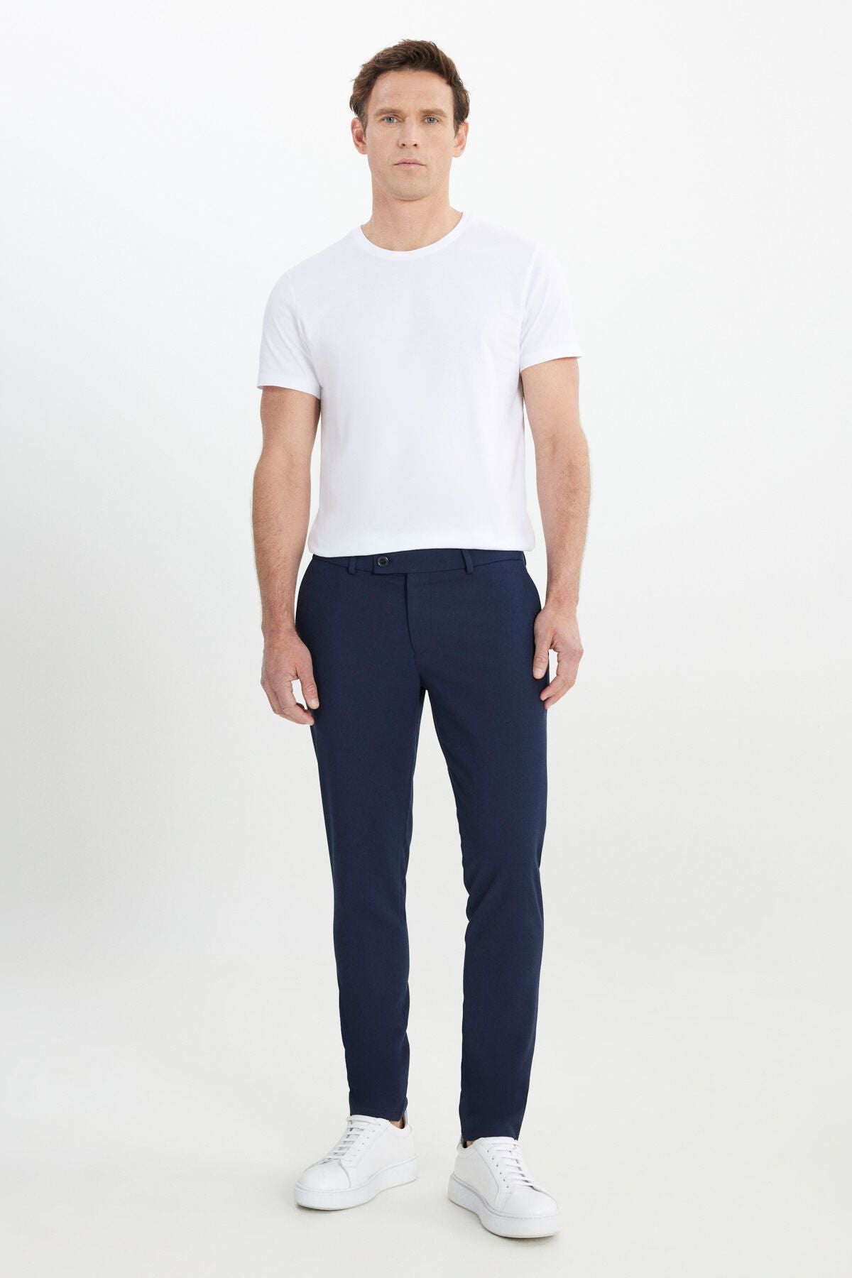 Men's navy blue slim fit Italian cutting side pocket flexible casual trousers