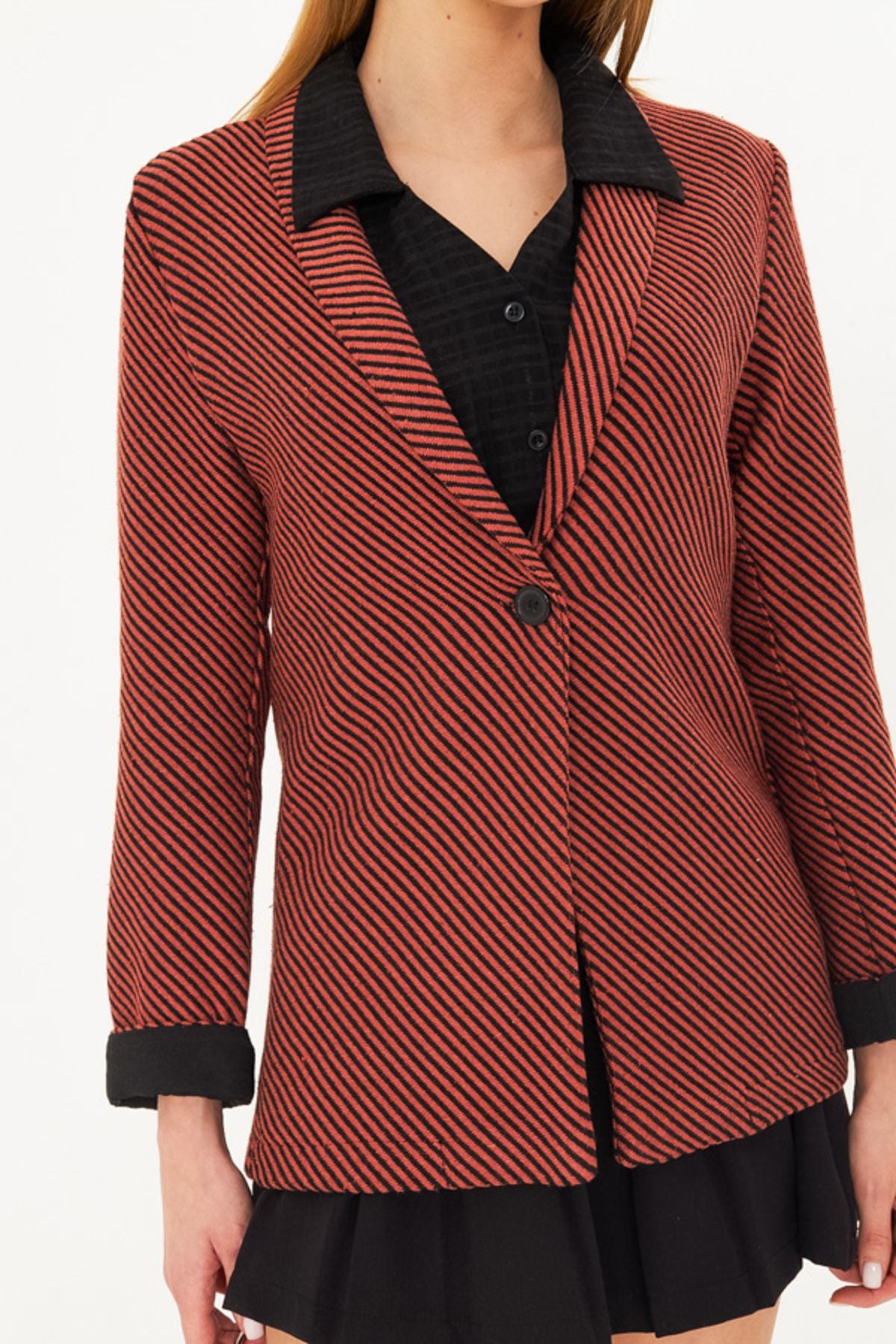 Women's Tile striped lever folding single button stamp jacket ARM-25K001106