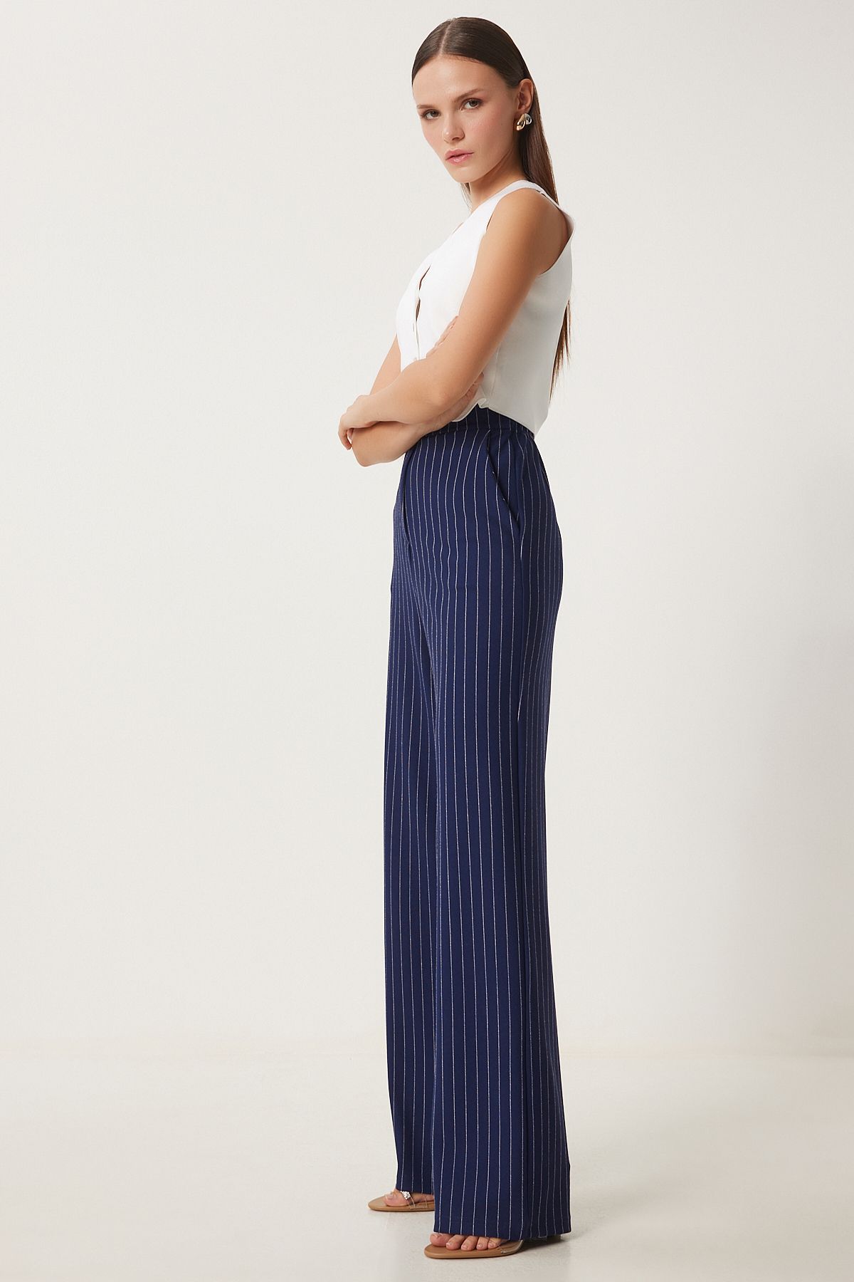 Woman navy blue striped comfortable weaving pants to00158