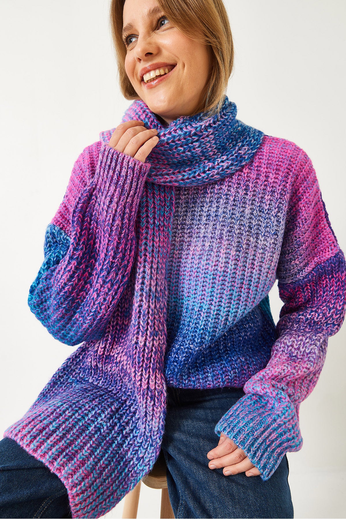 Women's Crew Neck Knitted Scarf Sweater TK241217 60261174