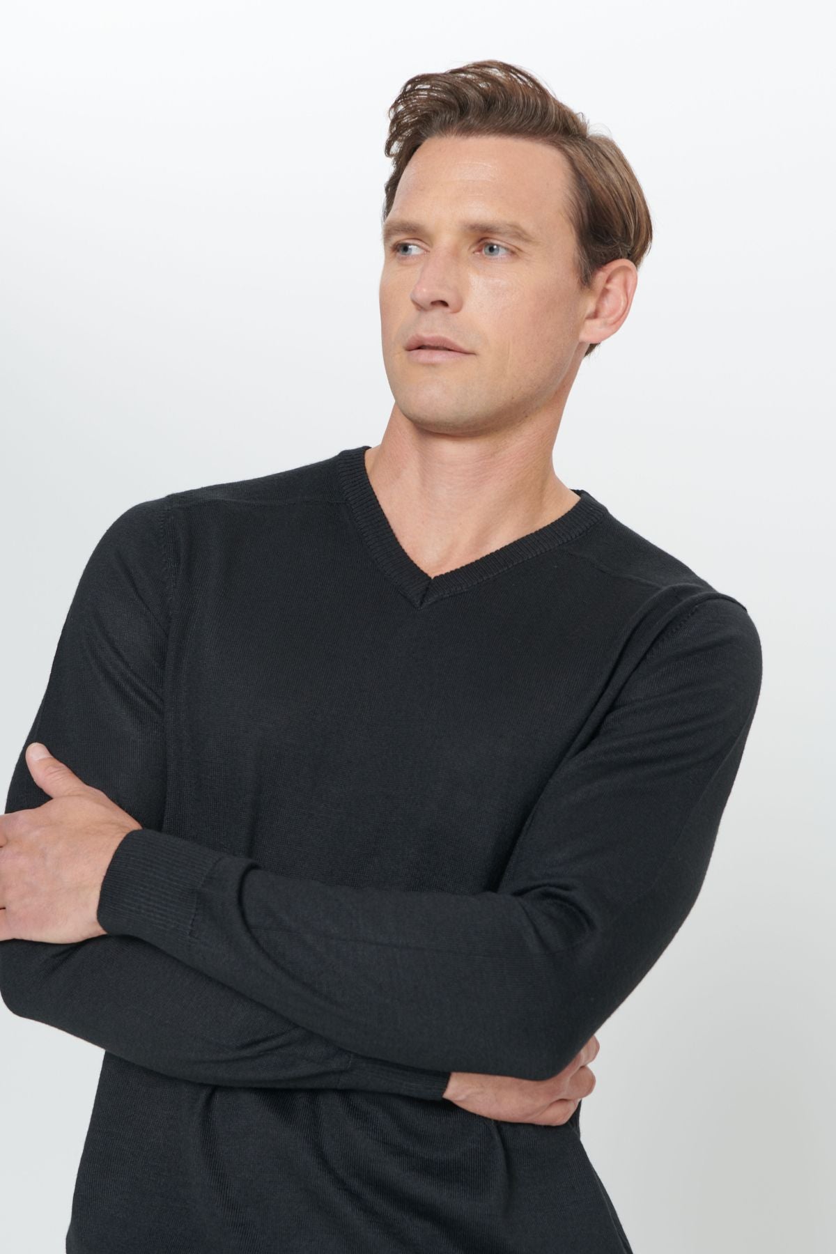 Men's Black Standard Fit Normal Cut V -Neck Knitwear Sweater