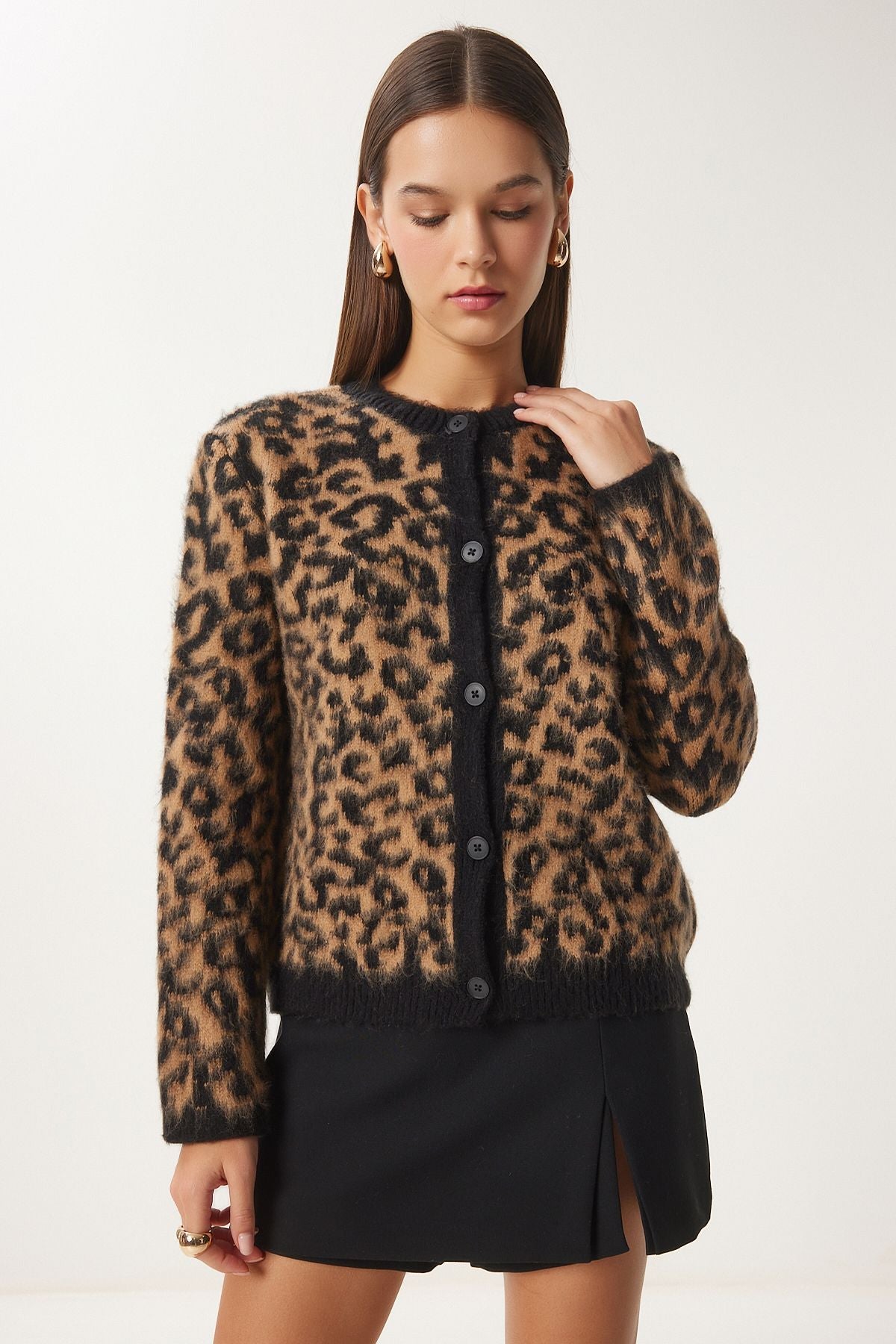 Women's black brown leopard patterned short beard knitwear cardigan US00935