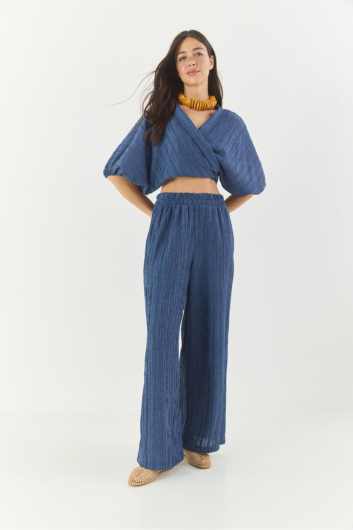 Women's Tie-Up Watermelon Sleeve Blouse with Elastic Waist Loose Trousers Bottom-Top Set 9340 60281051