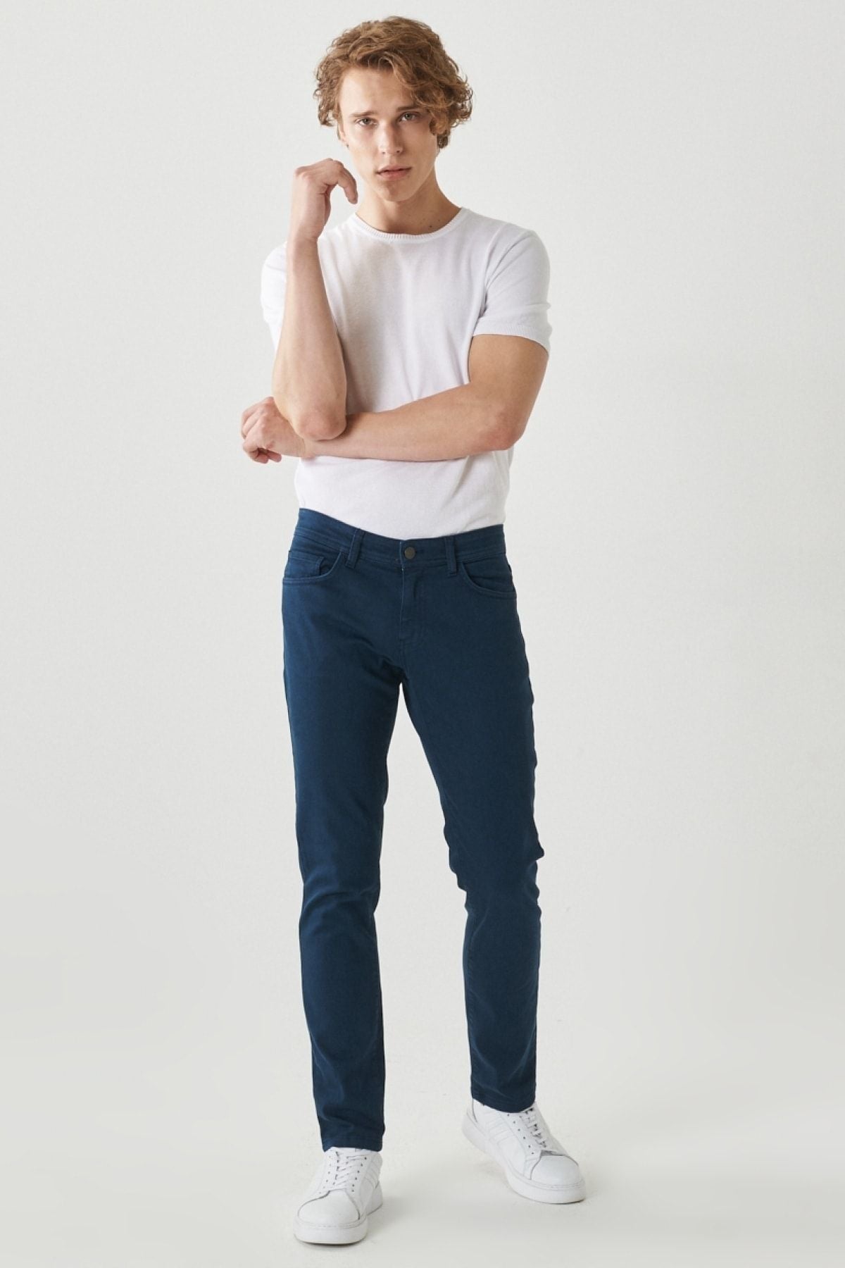Men's navy blue 360 degrees stretching in all directions slim fit narrow cut cotton cotton pants