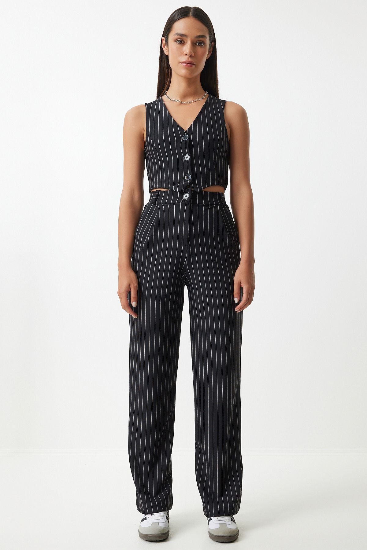 Female black fine striped knitted vest pants set Mc00287
