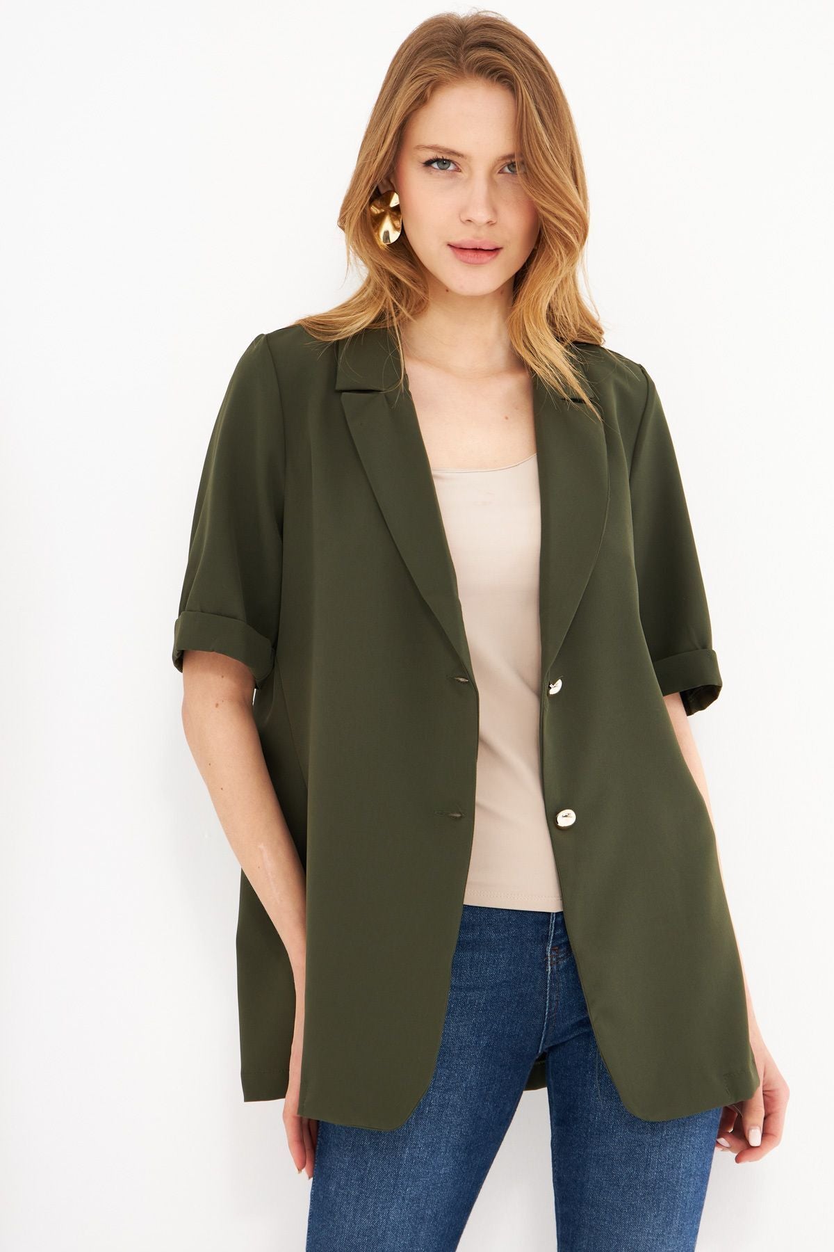 Woman Khaki Short Arm two buttoned oversize jacket ARM-23Y001034