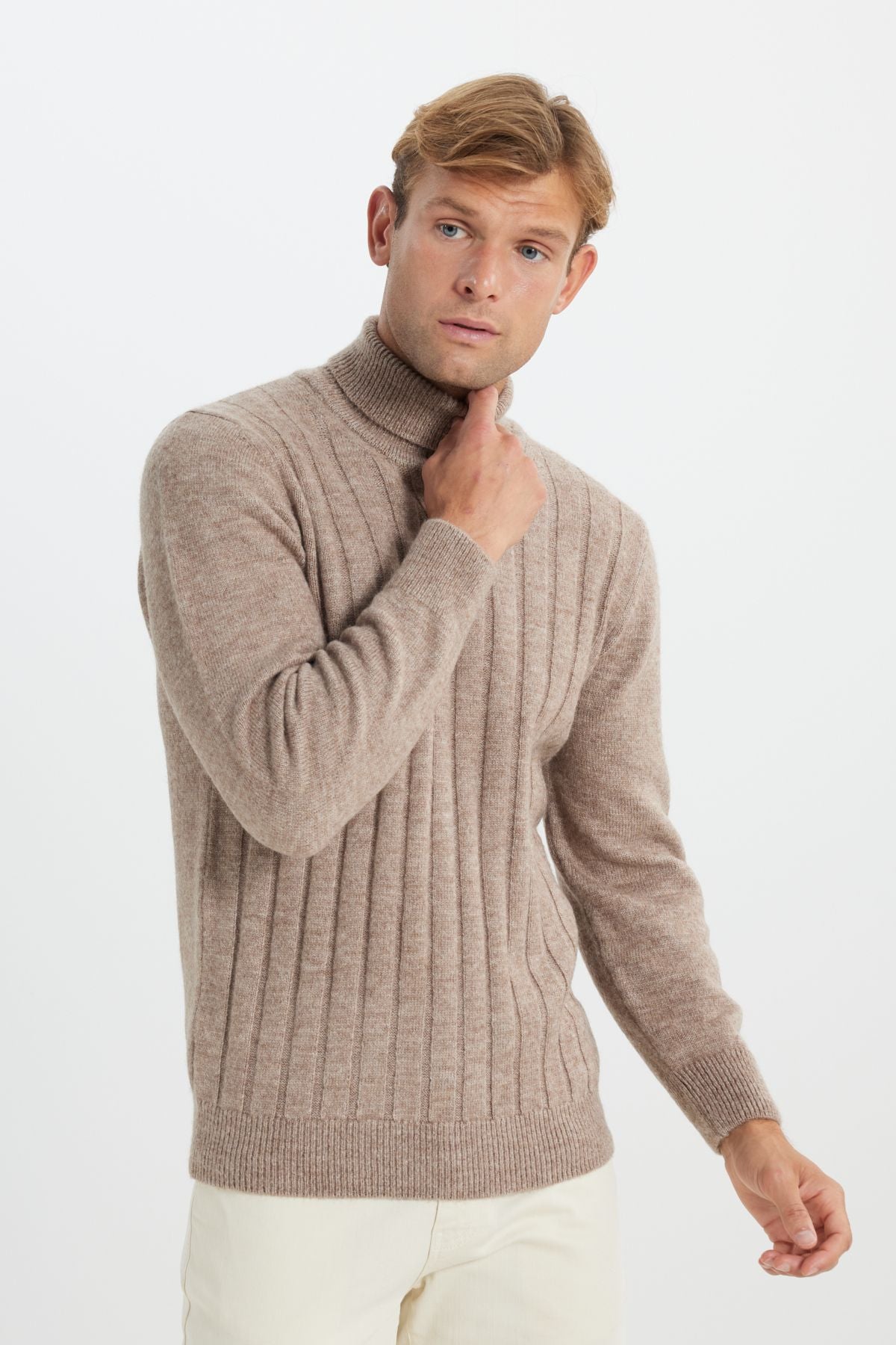 Men's Beige Melanj Standard Fit Normal Cut Full Fisherman Neck Jacquard Knitwear Sweater