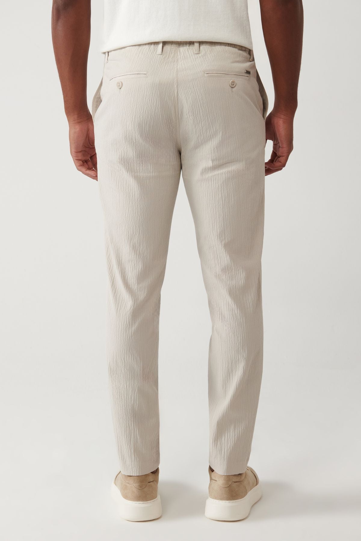 Men's Beige Side Pocket Flexible Fabric Wedding Cotton Lightweight Pants A41y3202