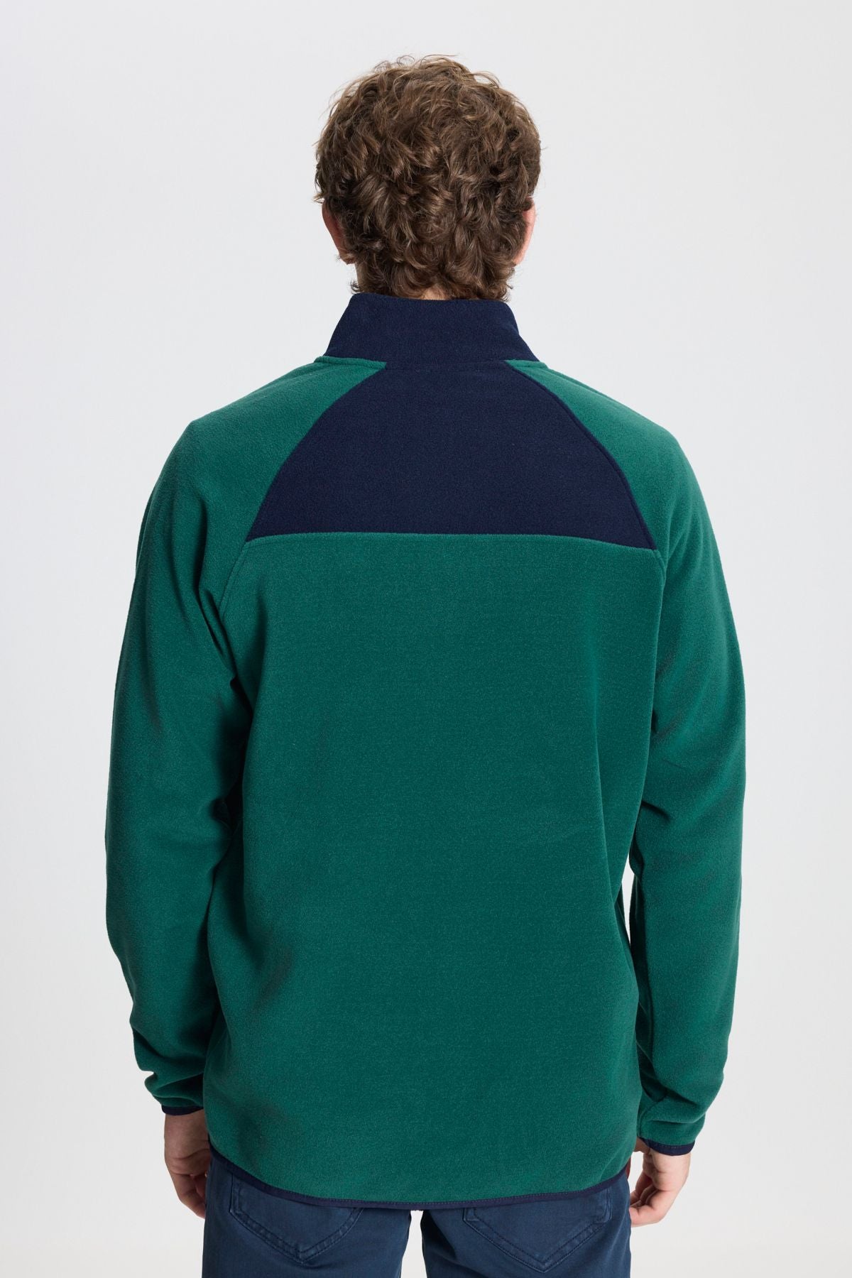 Men's green-lacivert standard fit normal cut upright bato collar pattern fleece sweatshirt