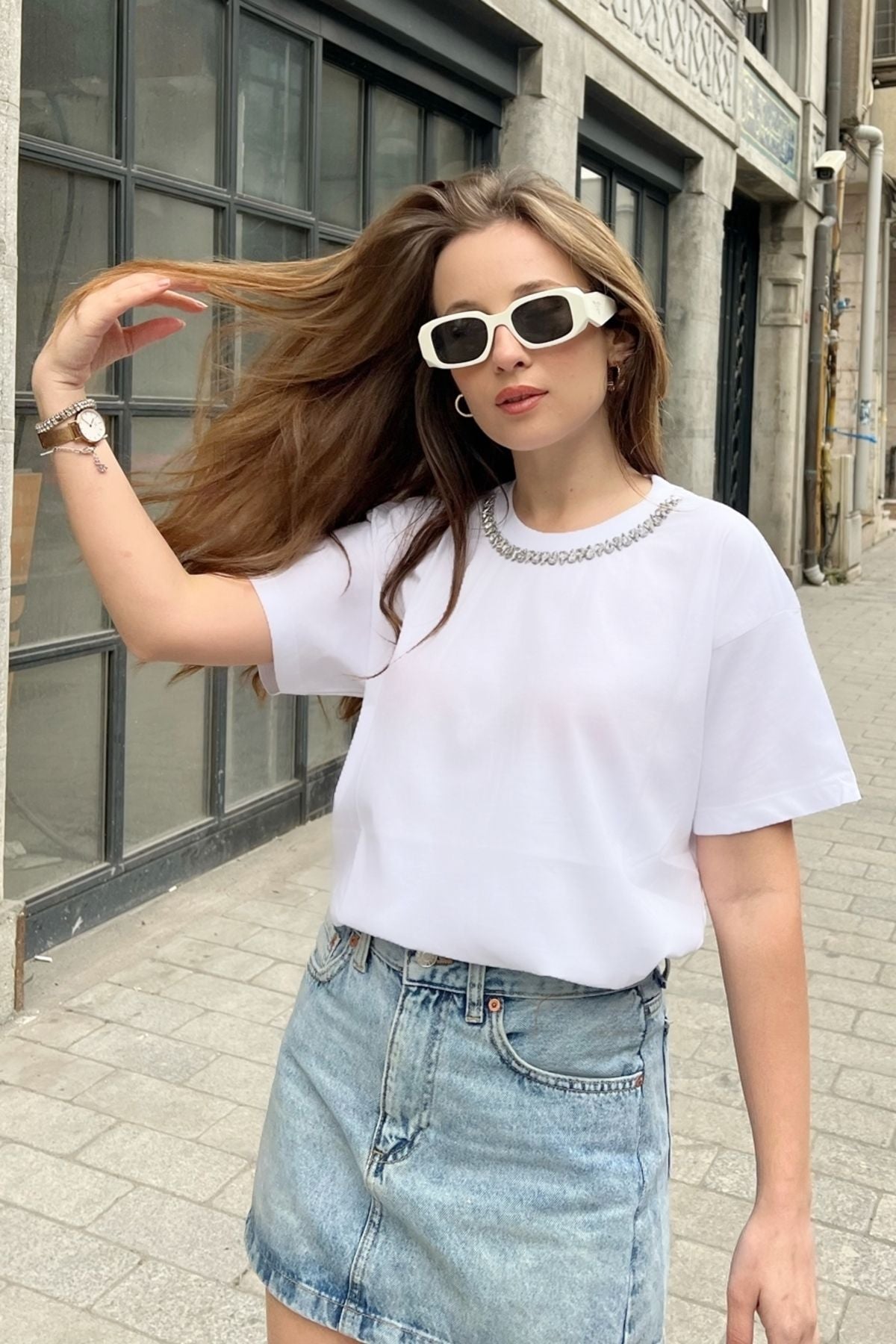 Women's collar stone embroidered combed Tshirt 60211011