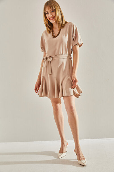 Women's Ruffle Detailed V-Neck Belted Dress 60251019