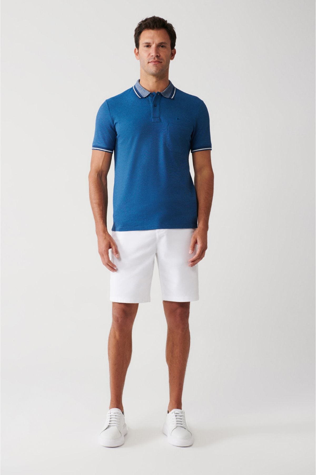Men's Indigo Curlled Neck Pocket 2 Button Polo Yaka T-Shirt E001031