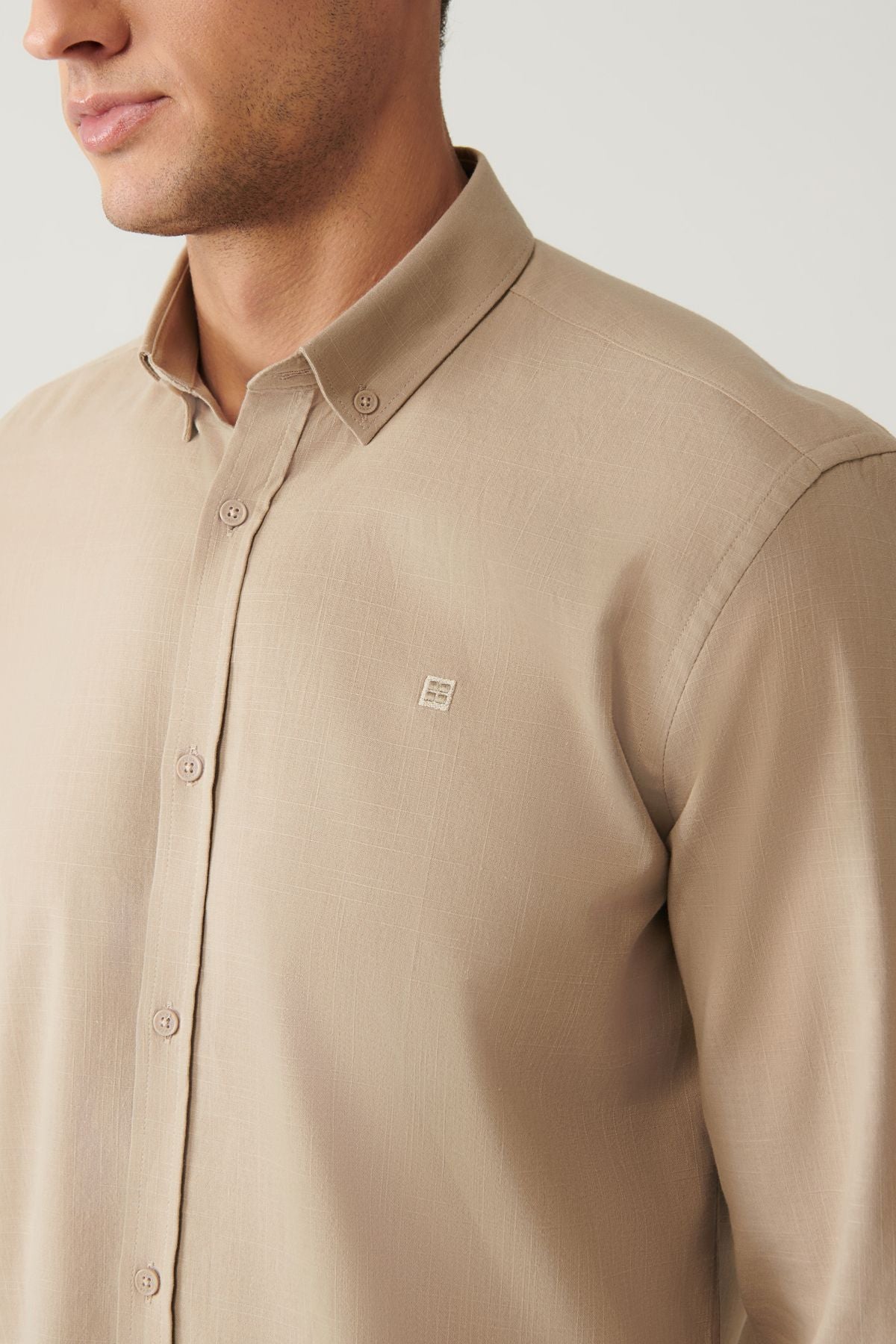 Men's mink button collar 100 %cotton linen textured shirt E002141