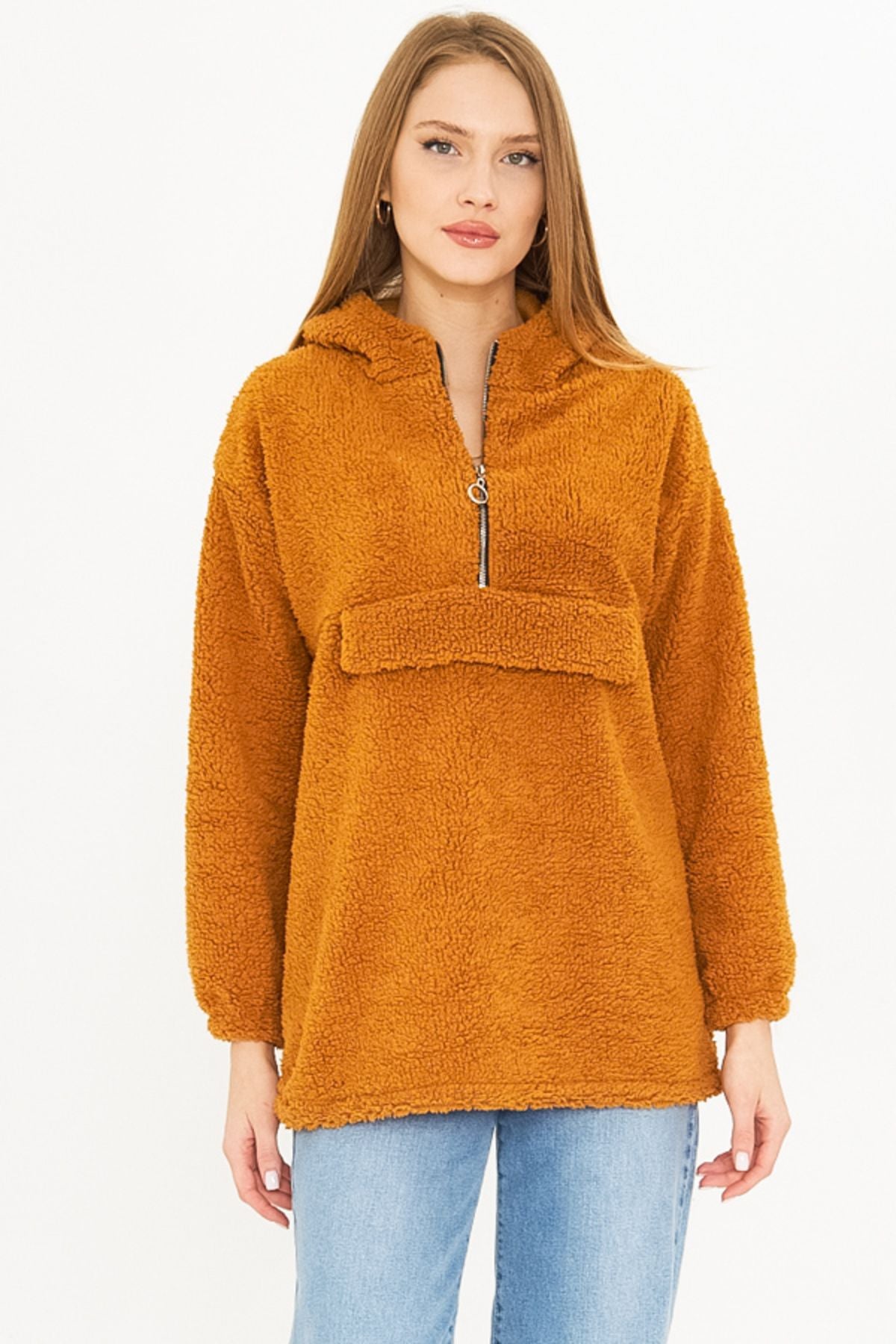 WOMEN CAMEL HOCONED POST PLUSH SWEATSHİRT ARM-25K001090