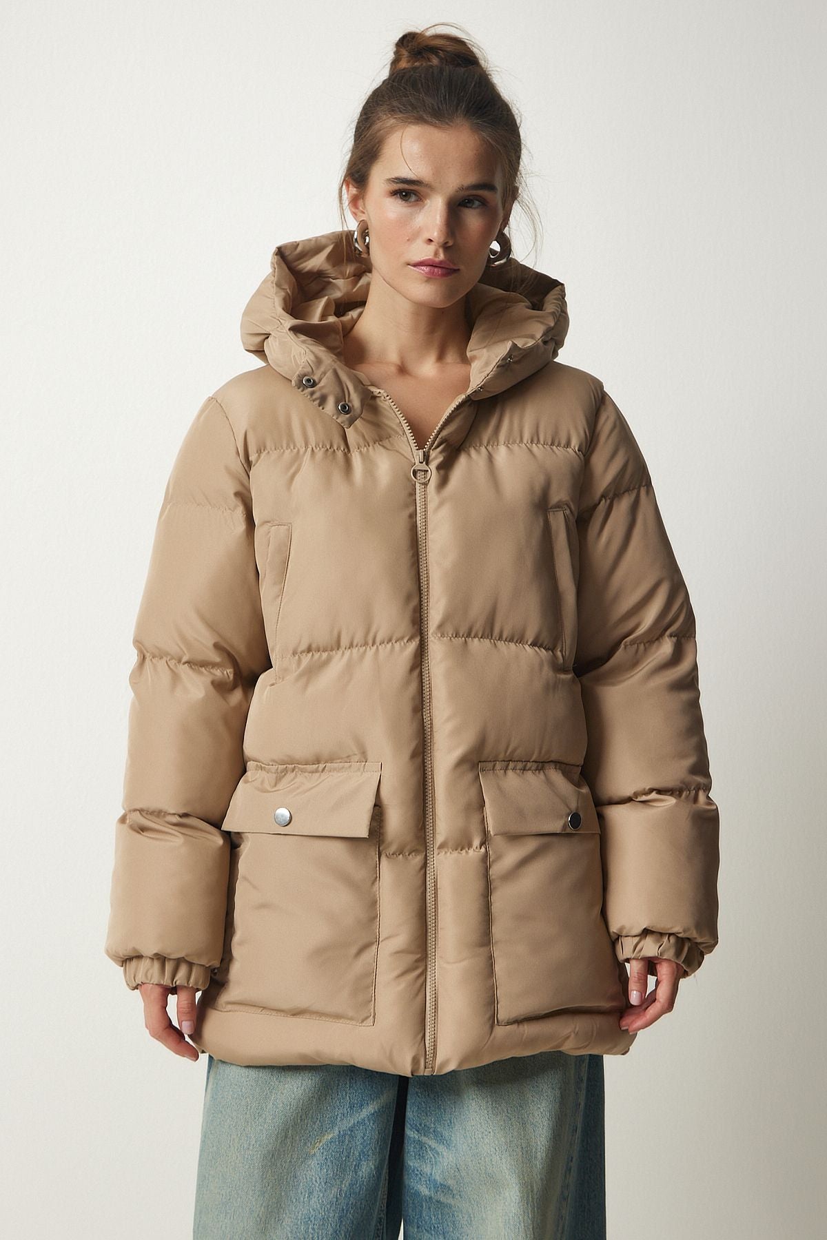 Female Beige Hooded Inflatable Coat HK00023