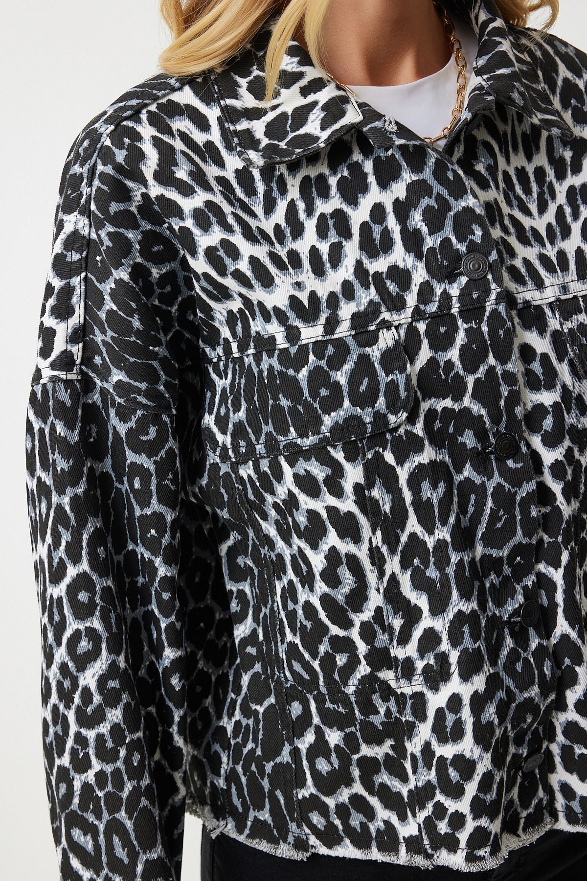 Female Black Ecru Leopard Patterned Denim Jacket VC00007
