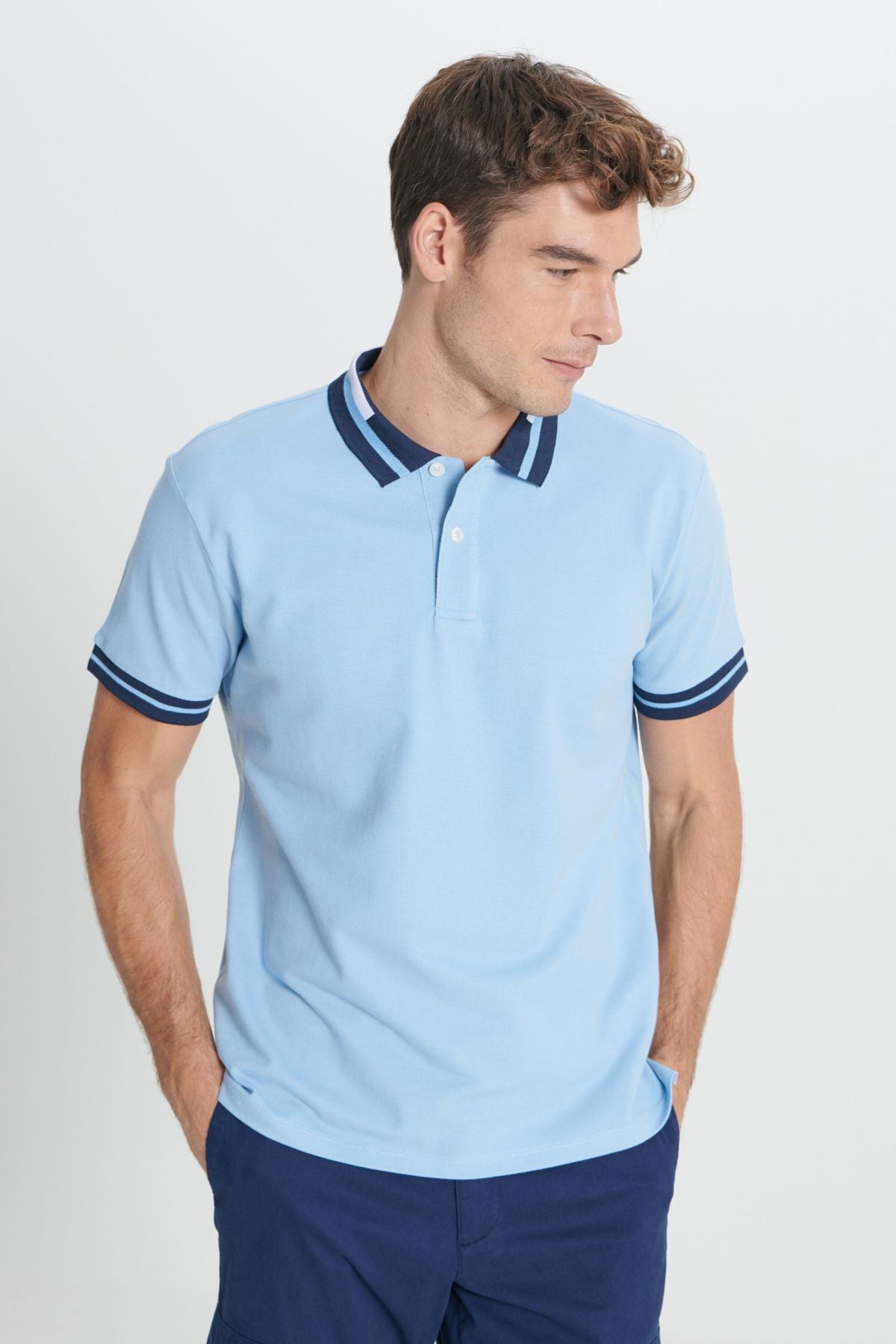 Men's light blue slim fit narrow cut 100 %cotton curved polo collar t -shirt