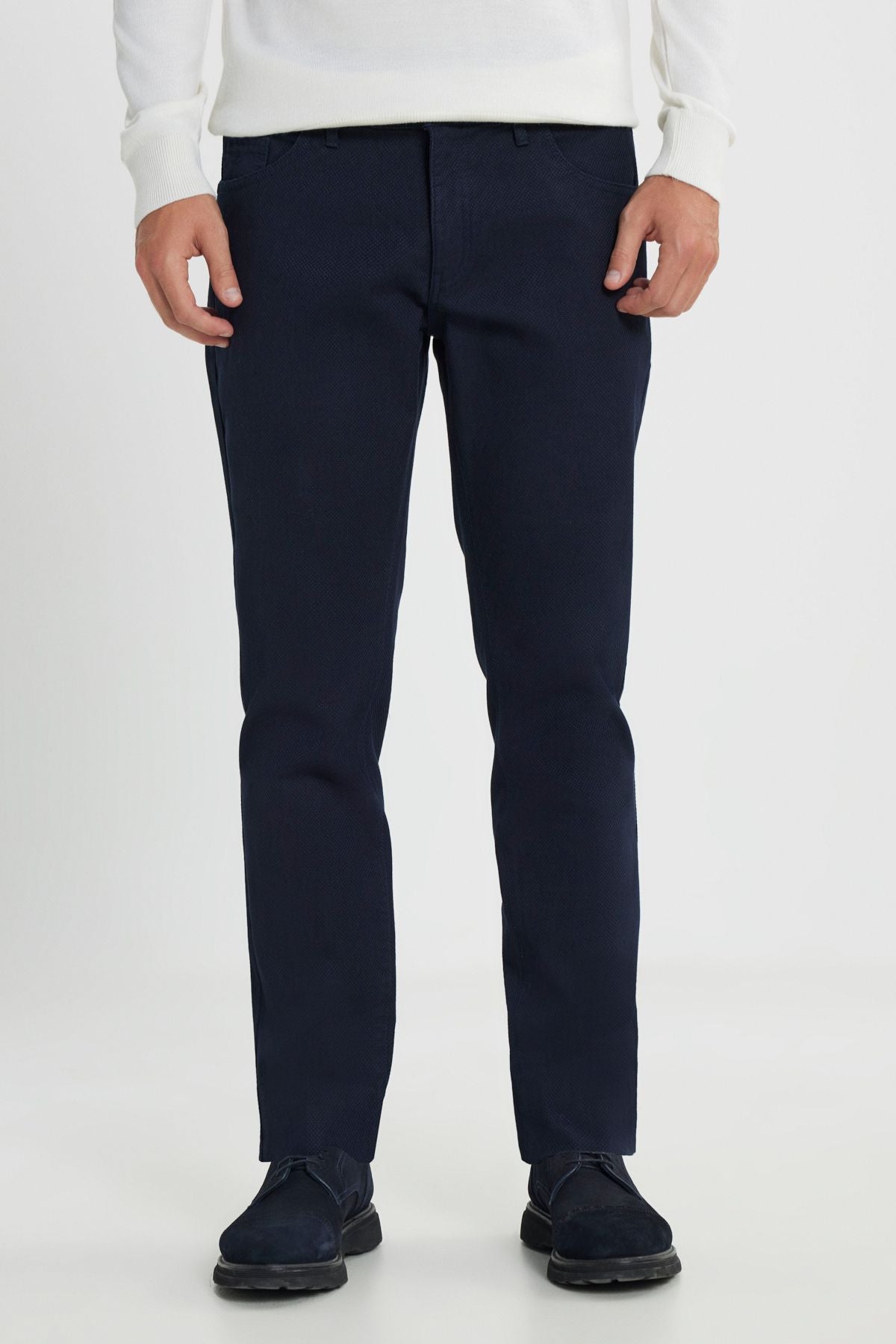 Men's navy blue slim fit narrow -cut cotton flexible flexible 5 pocket pants