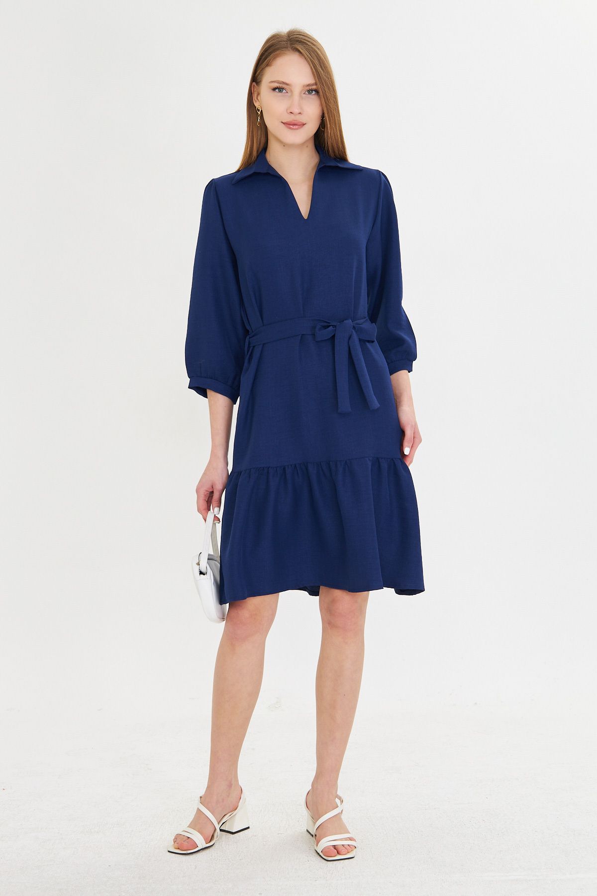 Female navy blue shirt collar quarter arm waist belt skirt shirred dress ARM-25Y001010