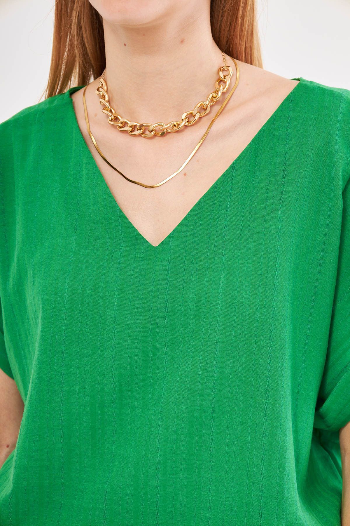 Female Green V-Neck Side Slip Behind Long Duble Arm Detailed Oversiz Blouse ARM-24Y001074