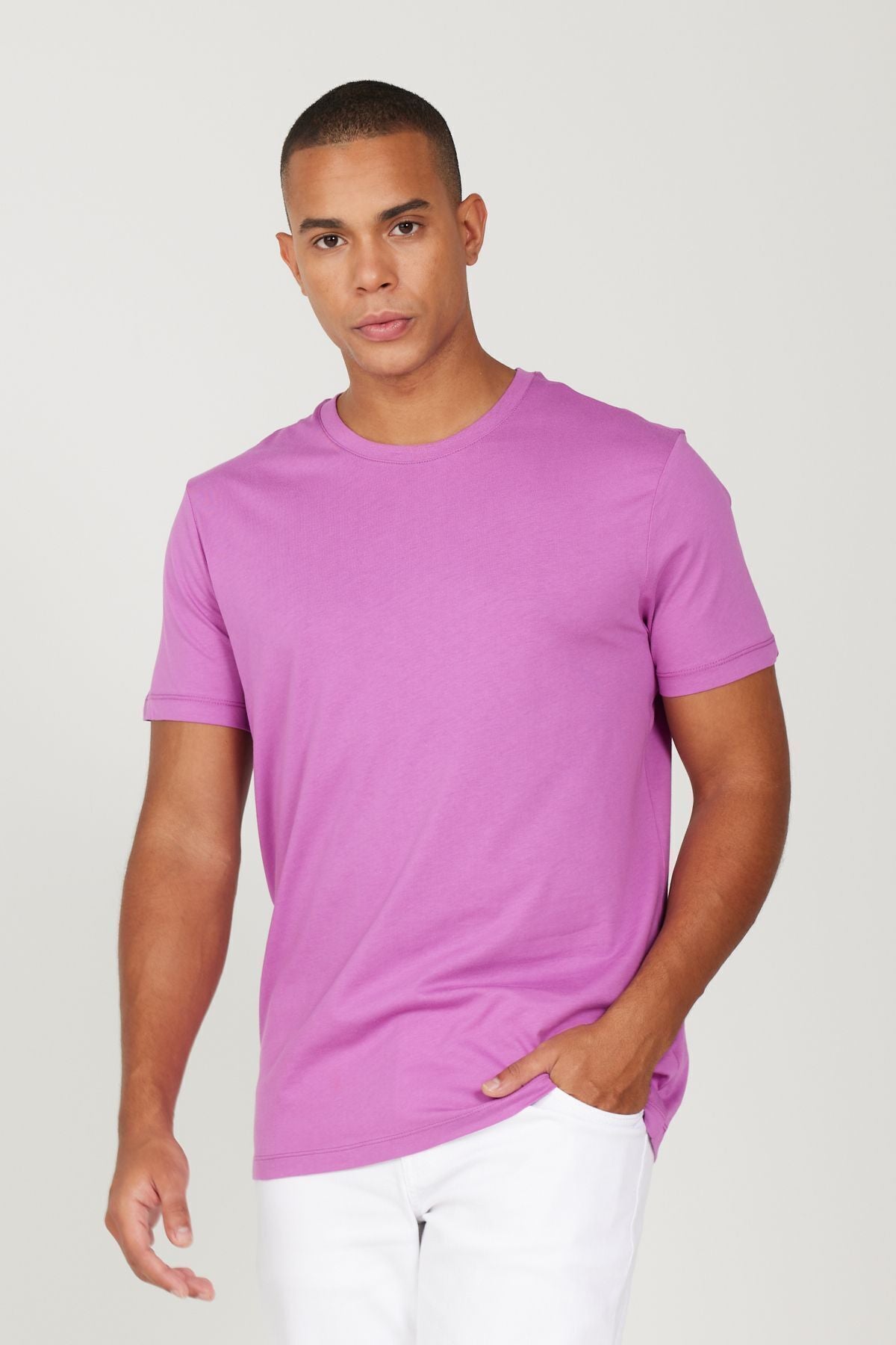 Men's purple slim fit narrow cut 100 %cotton bike collar Basic T -shirt