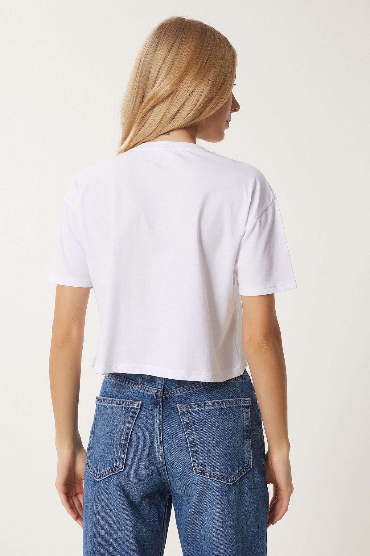 Woman White Heart Printed Cotton Short Knitting T-Shirt AN00224