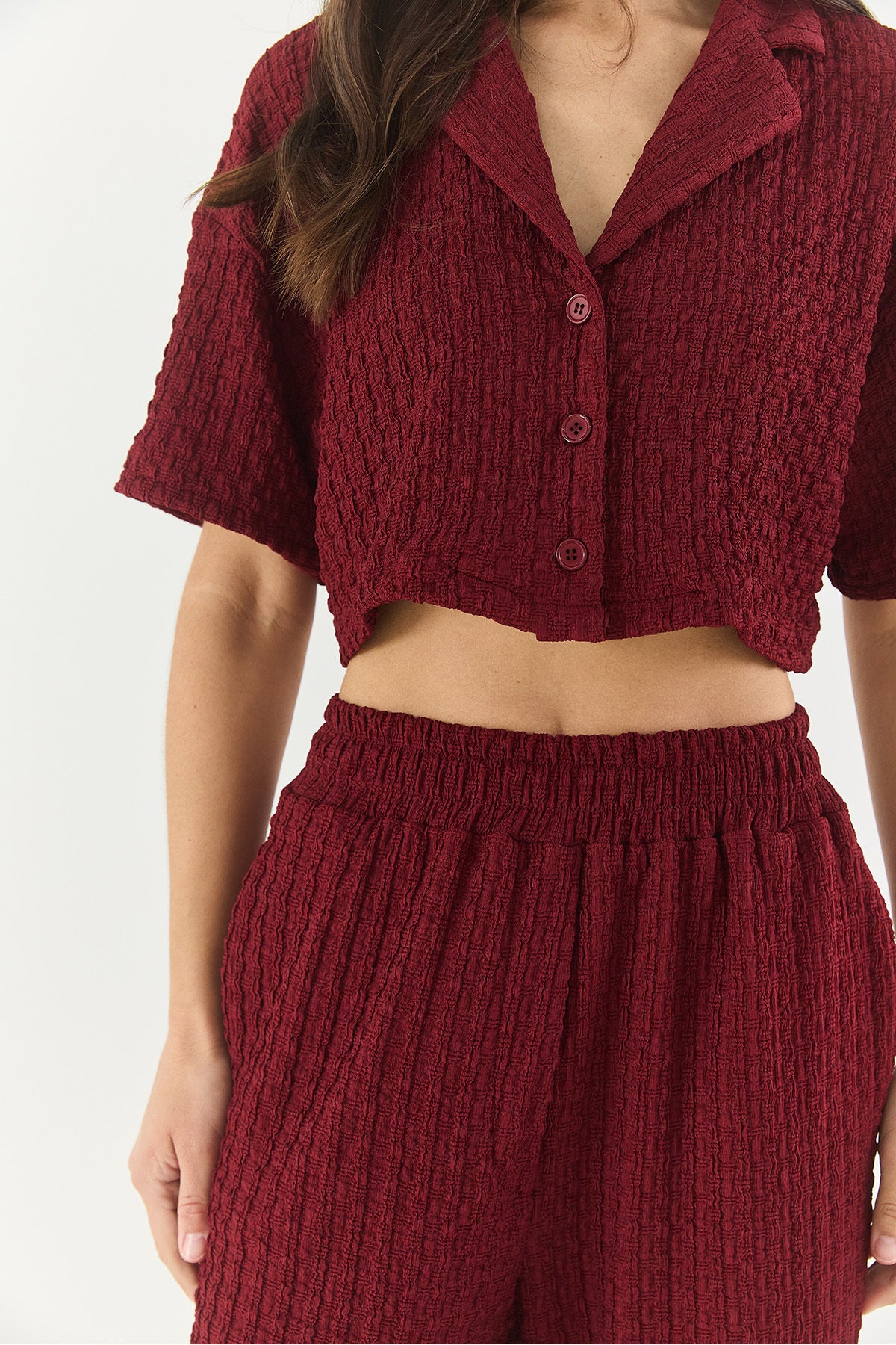 Women's Seersucker Crop Jacket Bottom-Top Set with Elastic Waist High Waist Trousers 9313 60281043