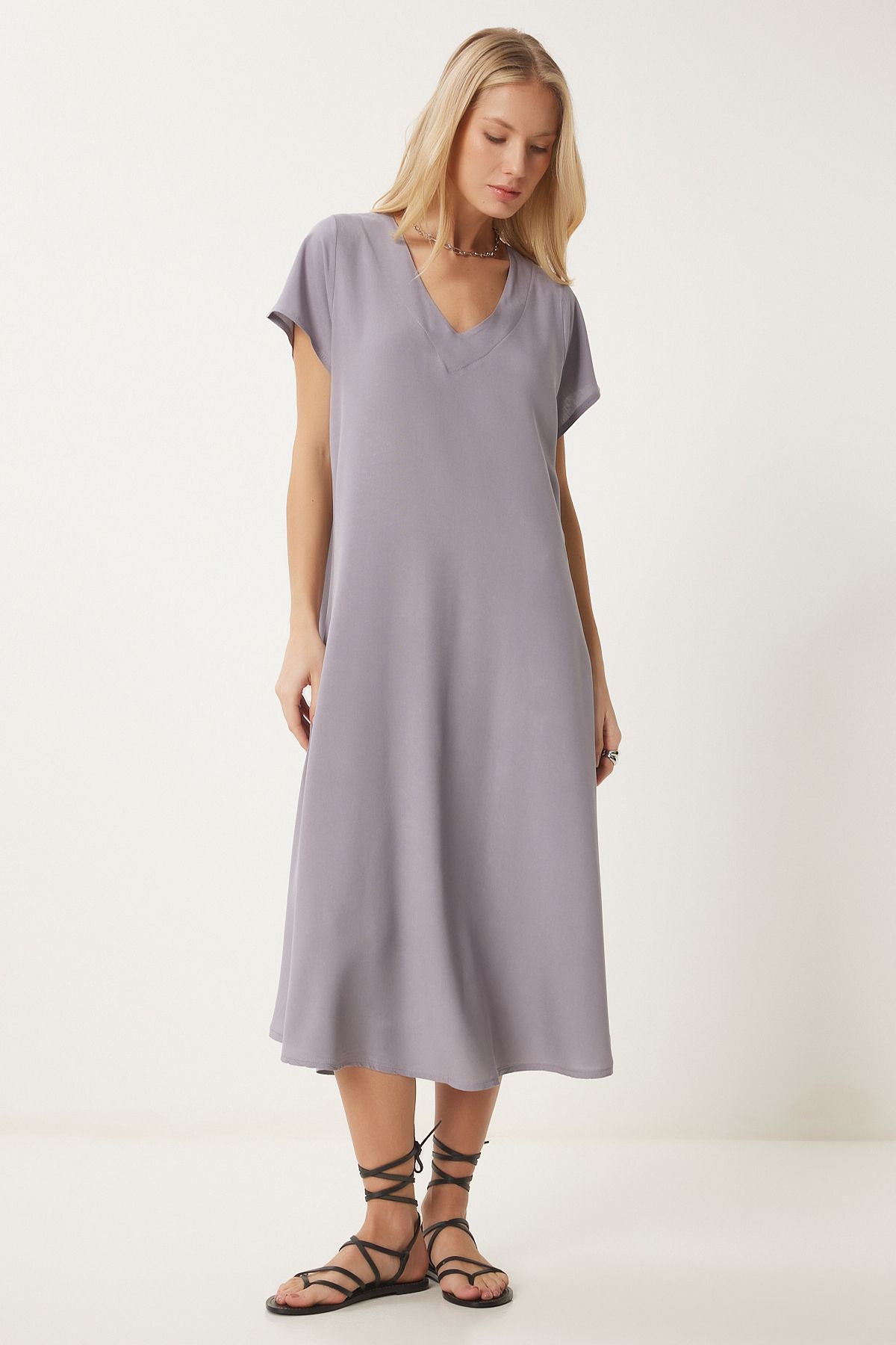 Women's Gray V -Neck Summer Casting Viscose Dress EN00612
