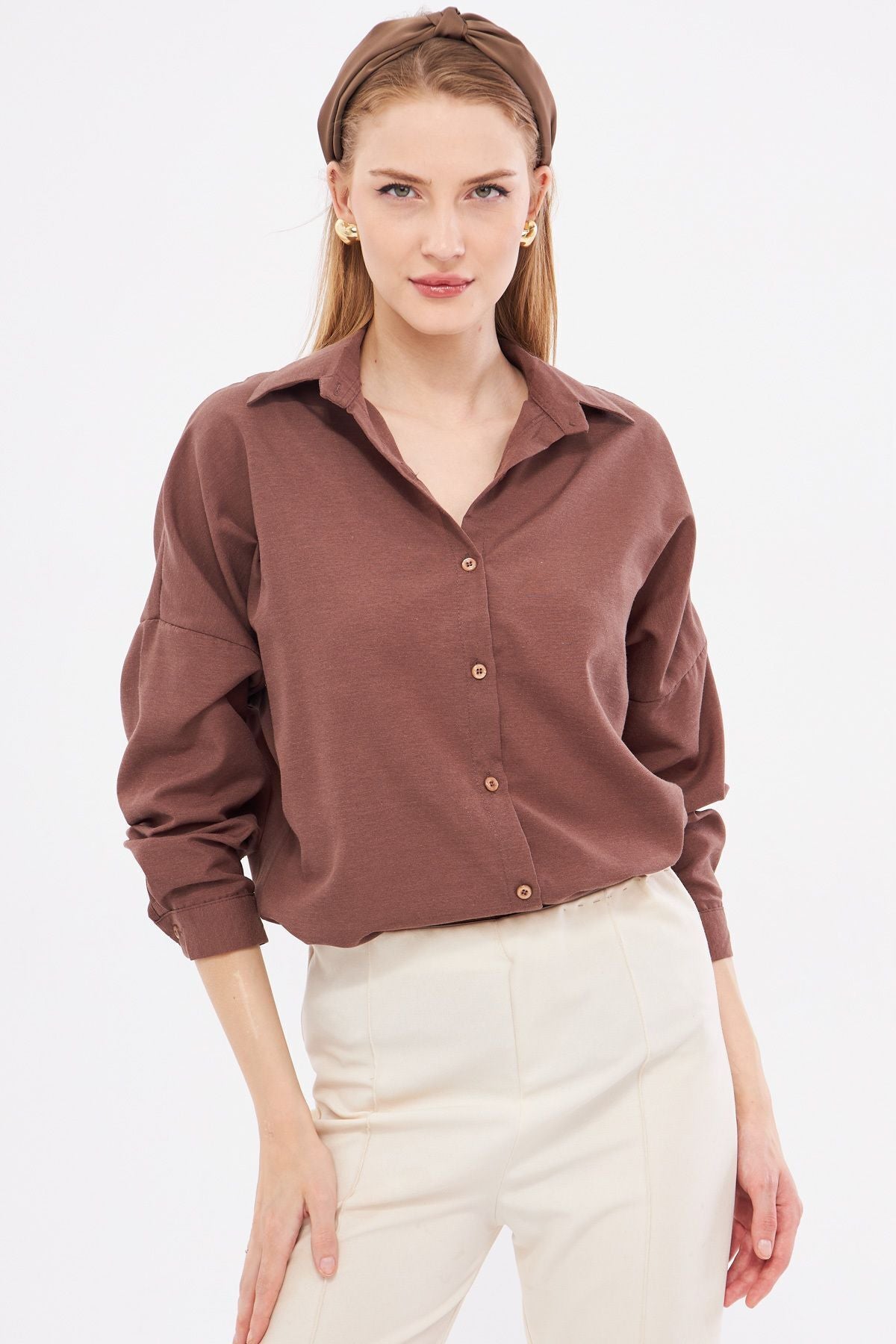 Woman Dark Coffee Oversize Long Basic Shirt ARM-221118