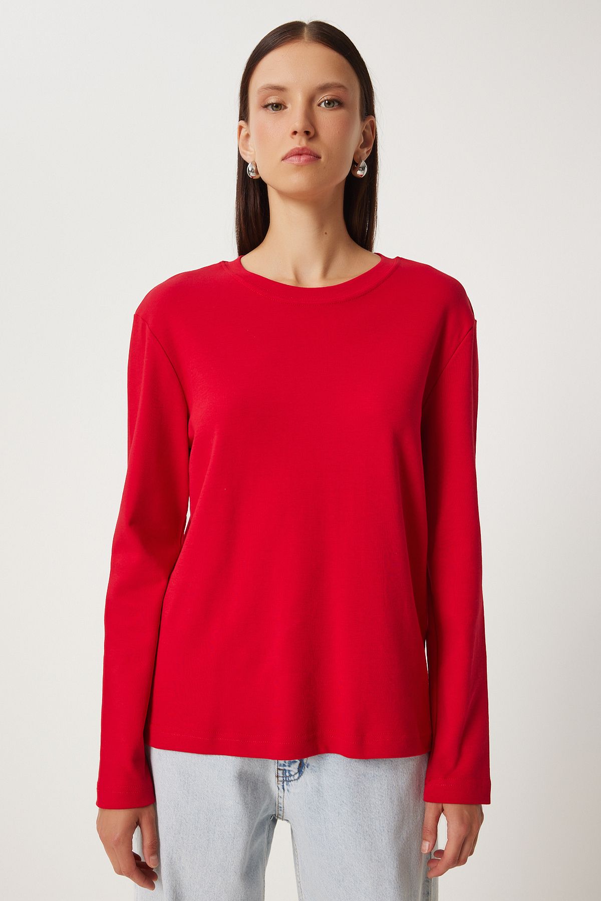 Woman Red Cotton Basic Knitting Blouse NJ00155