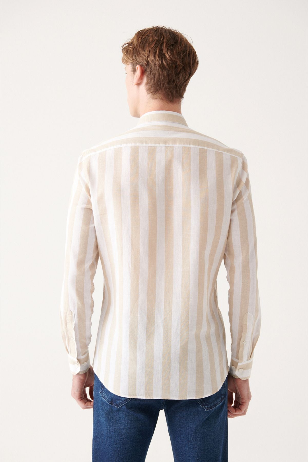 Men's beige cotton linen striped shirt A31y2217