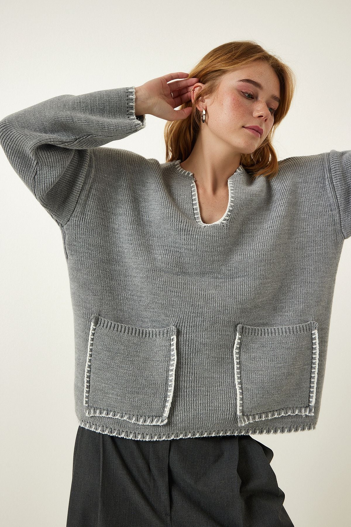 Women's gray sewing detailed pocket knitwear sweater pf00047