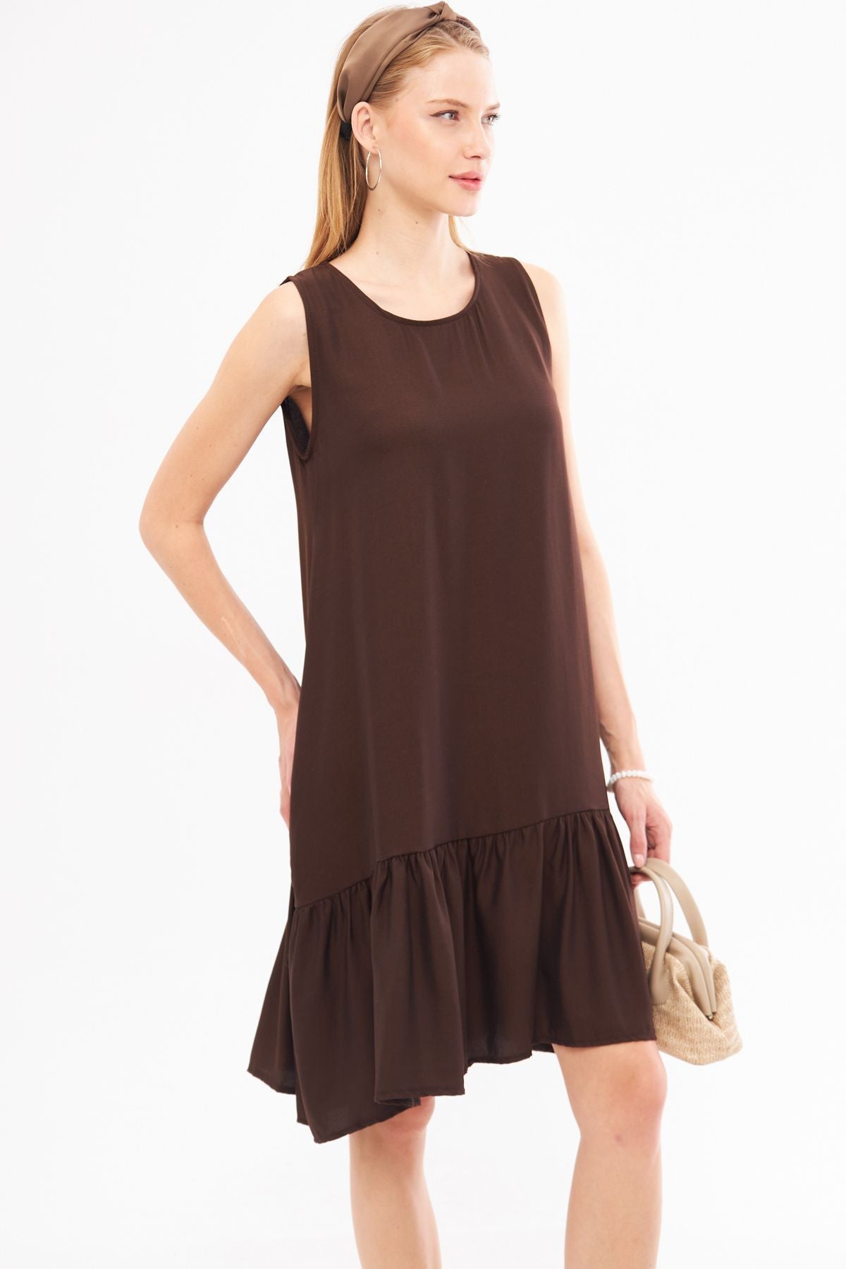 Woman Dark Coffee Sleeveless Skirt Ruffle Dress Arm-18y001156