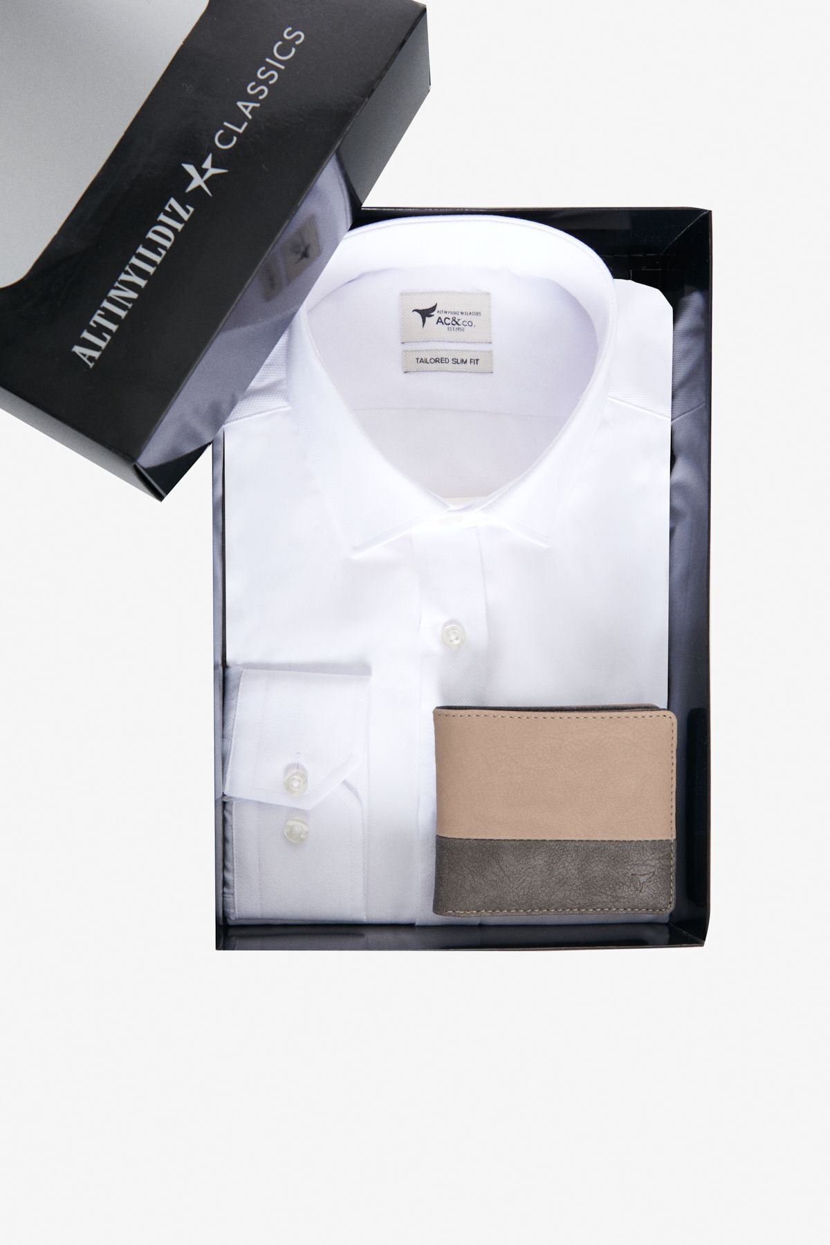 Men's white mink anthracite special gift box Slim fit cotton shirt-wallet set