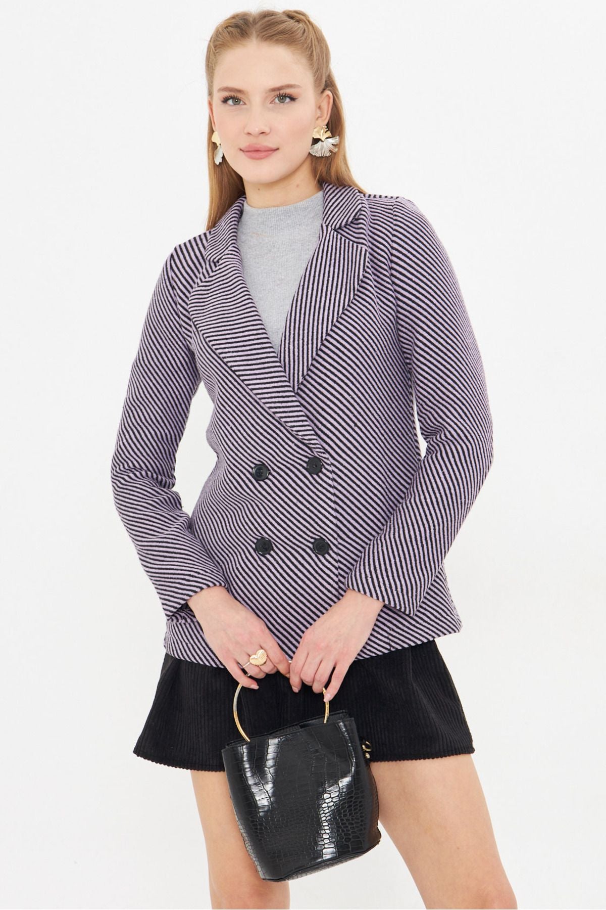 Four button with women's lilac line patterned ARM-24K001037