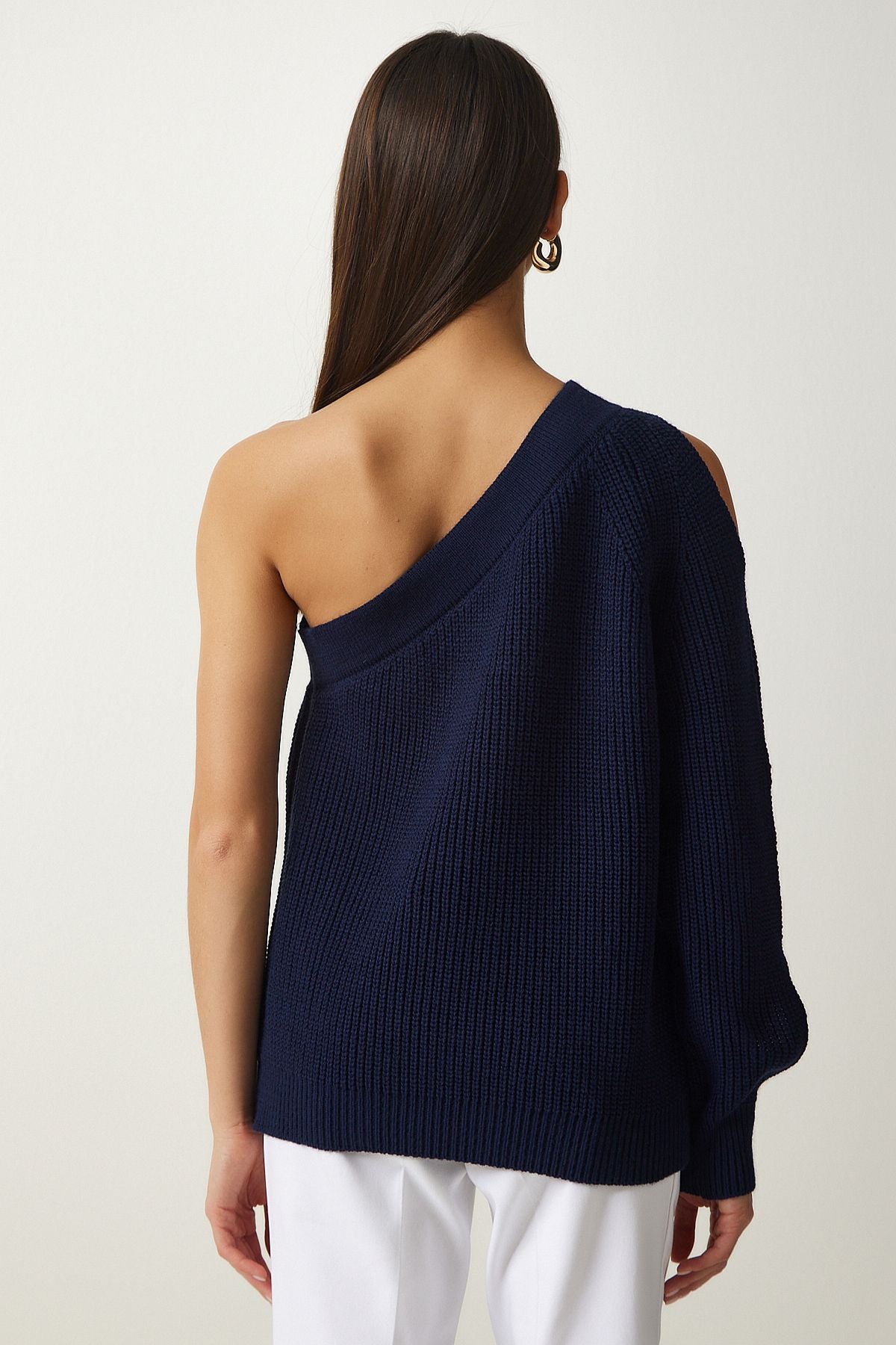 Women's Navy blue window detailed one arm knitwear sweater pf00059