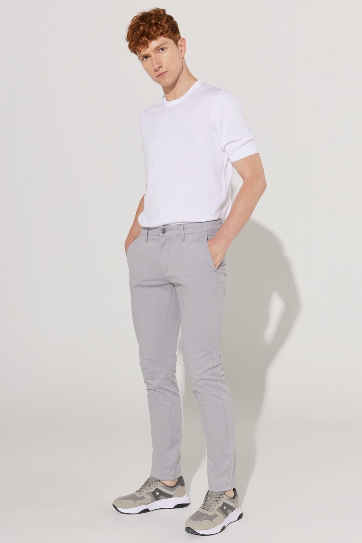 Men's gray slim fit narrow cut cotton flexible comfortable chino pants