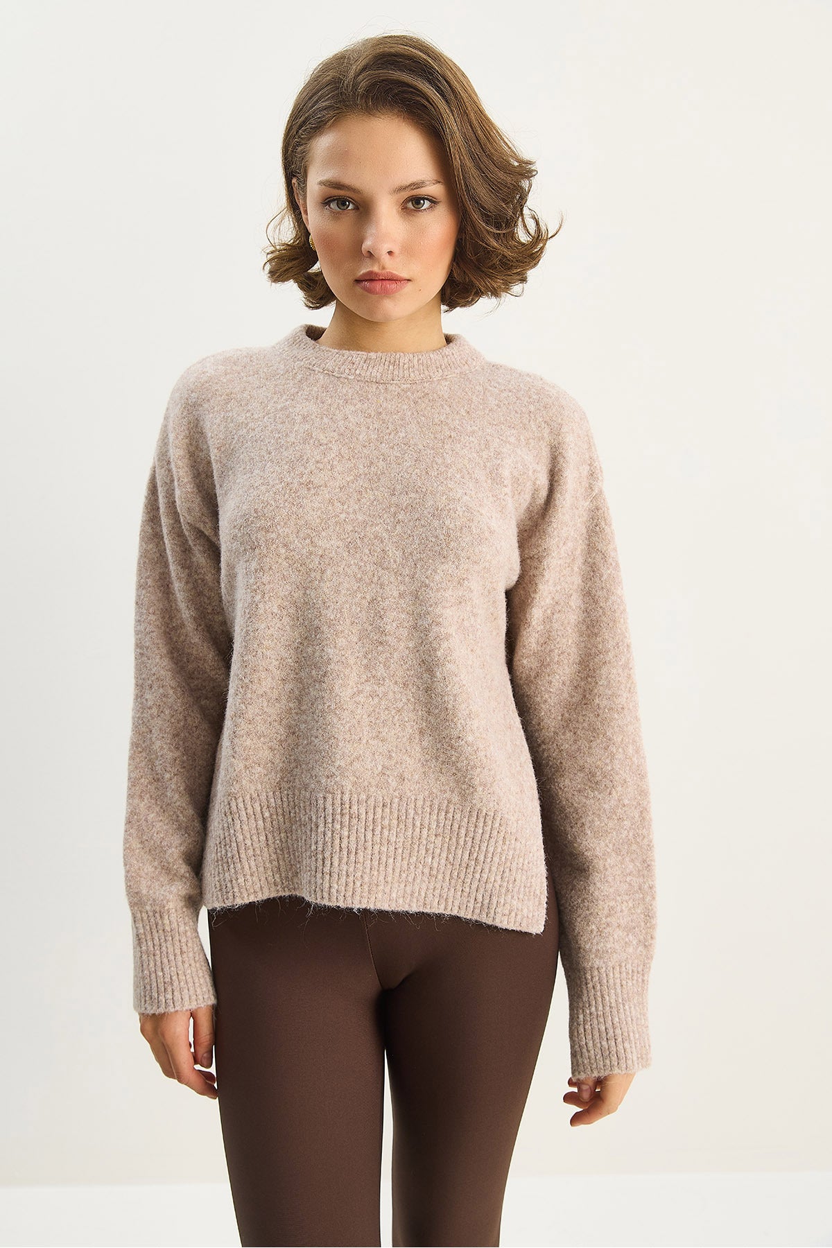 Women's Crew Neck Side Slits Wool Blend Knitwear Sweater 2411 60283681