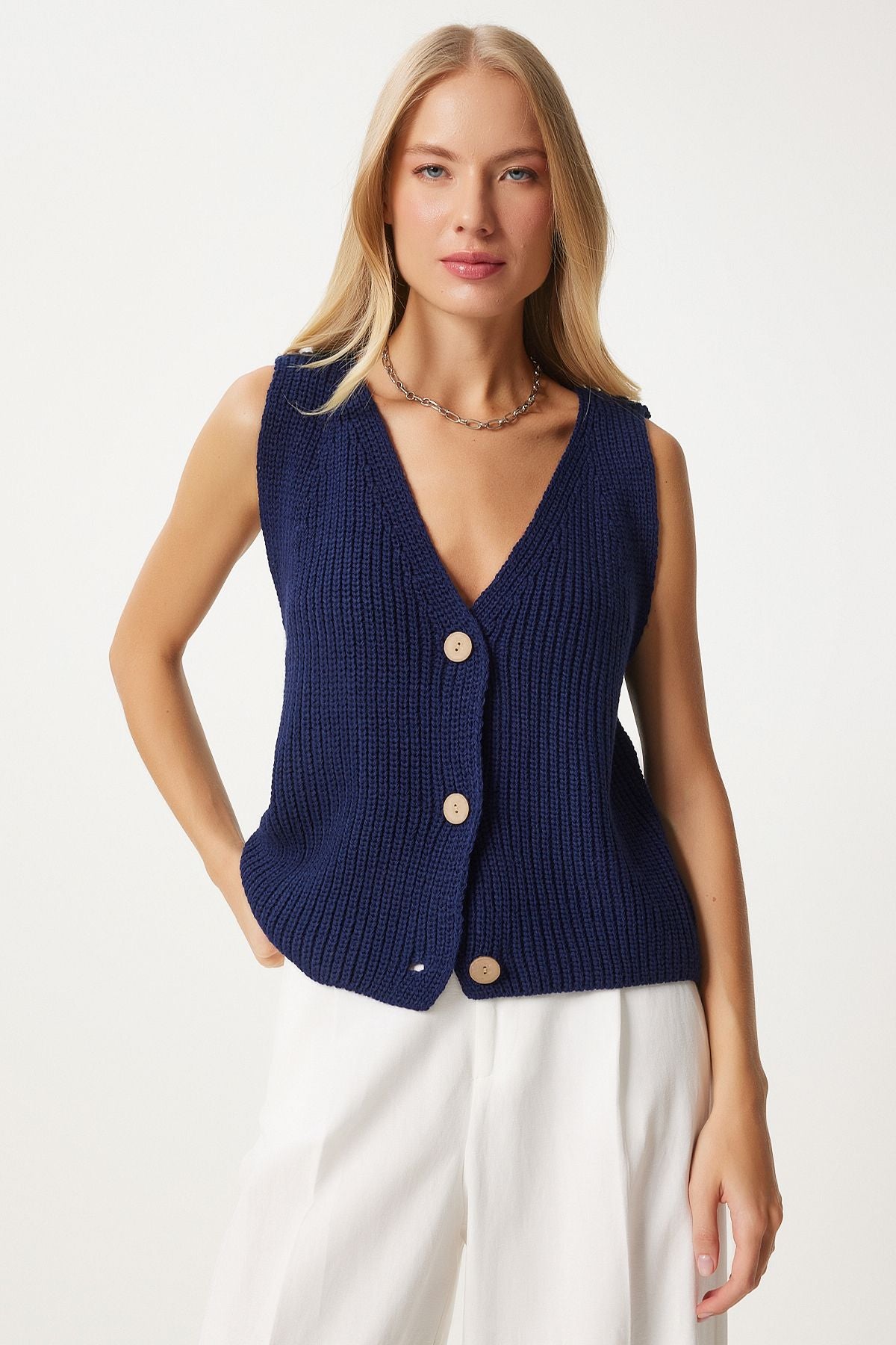 Woman Navy Blue V -Yaka Knitwear Vest YY00221