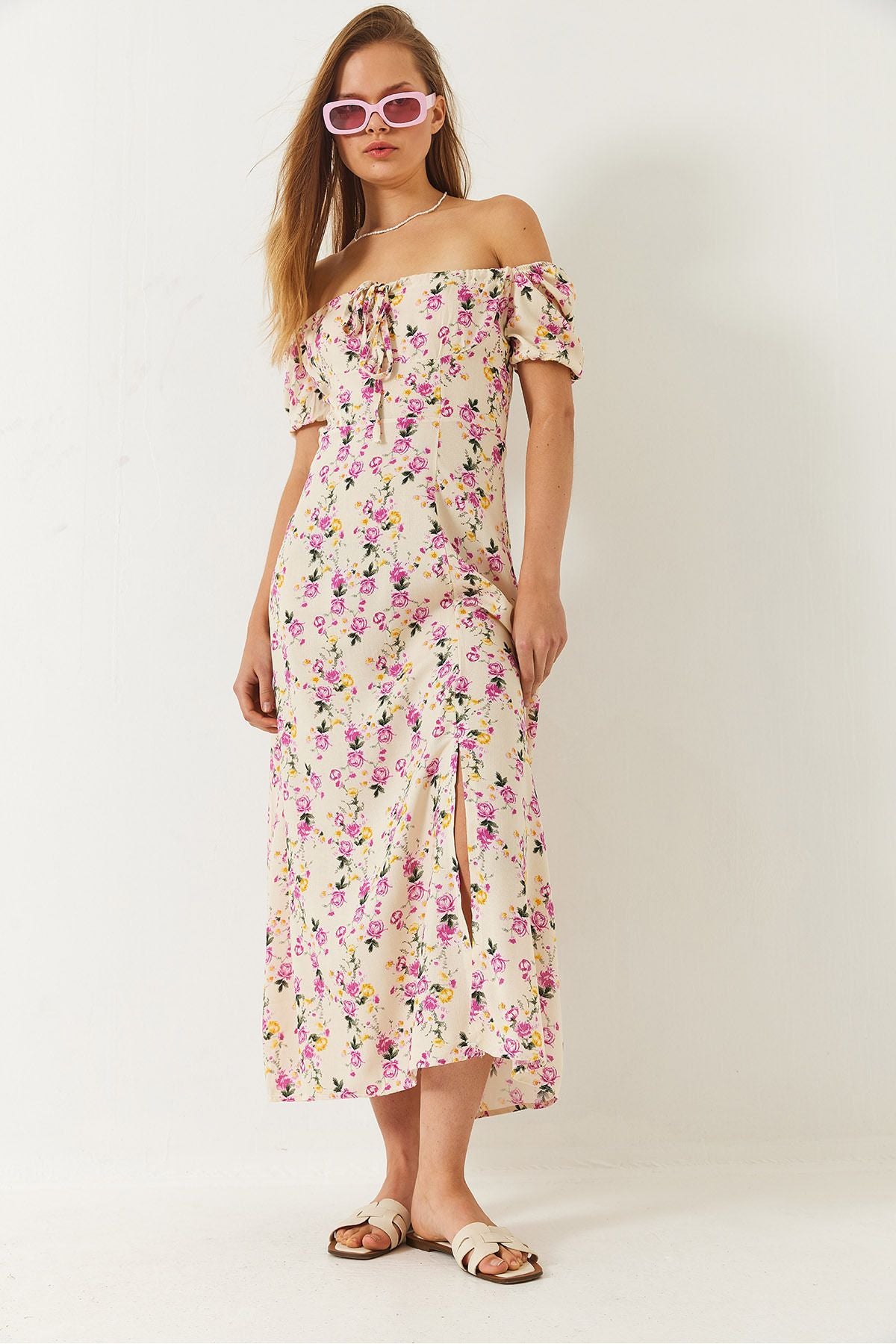 Female Baglama Neck Slit Detailed Patterned Midi Viscose Dress 60261492