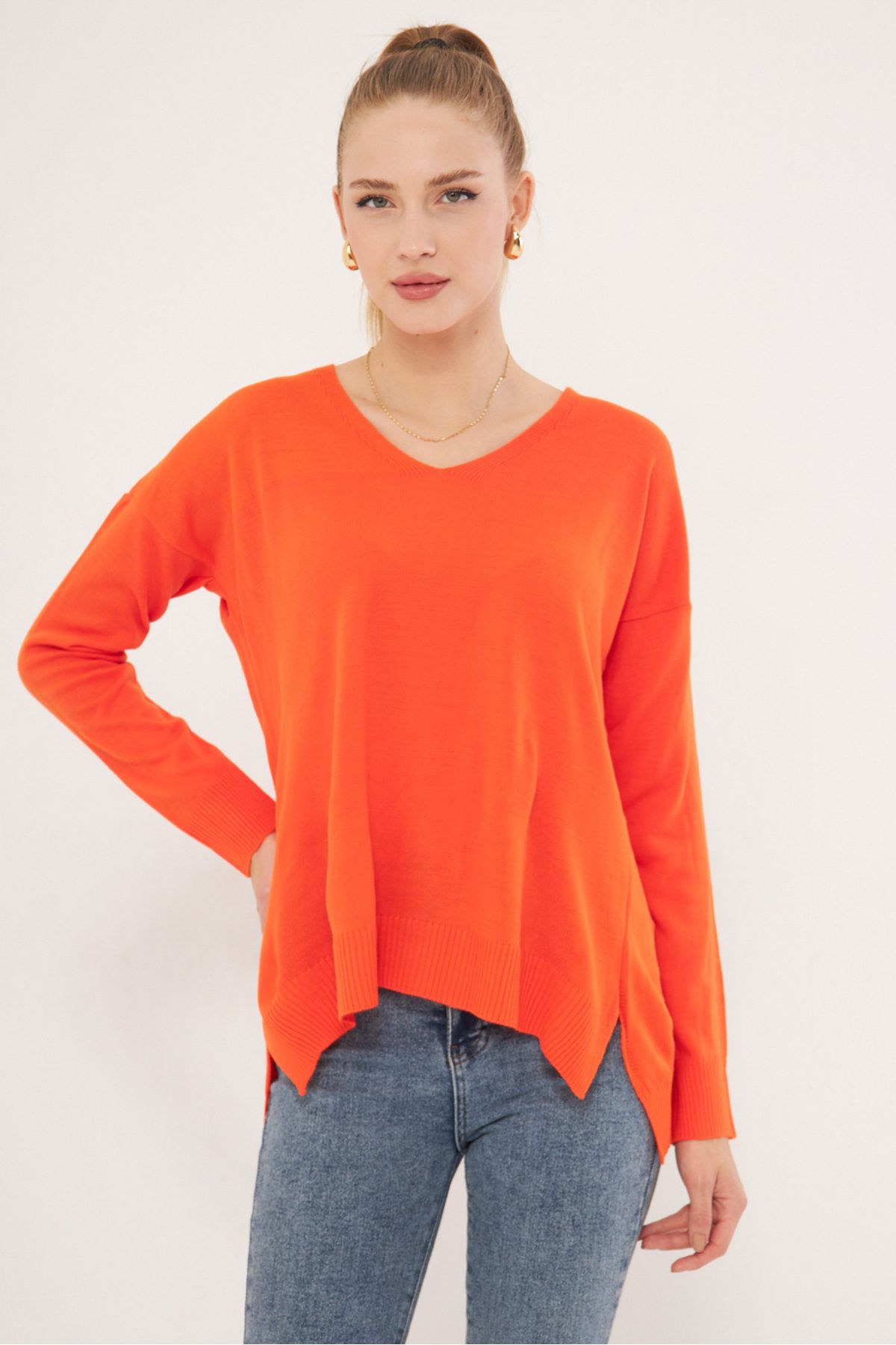 Women's Orange V-Neck front short back long knitwear sweater ARM-22Y012013