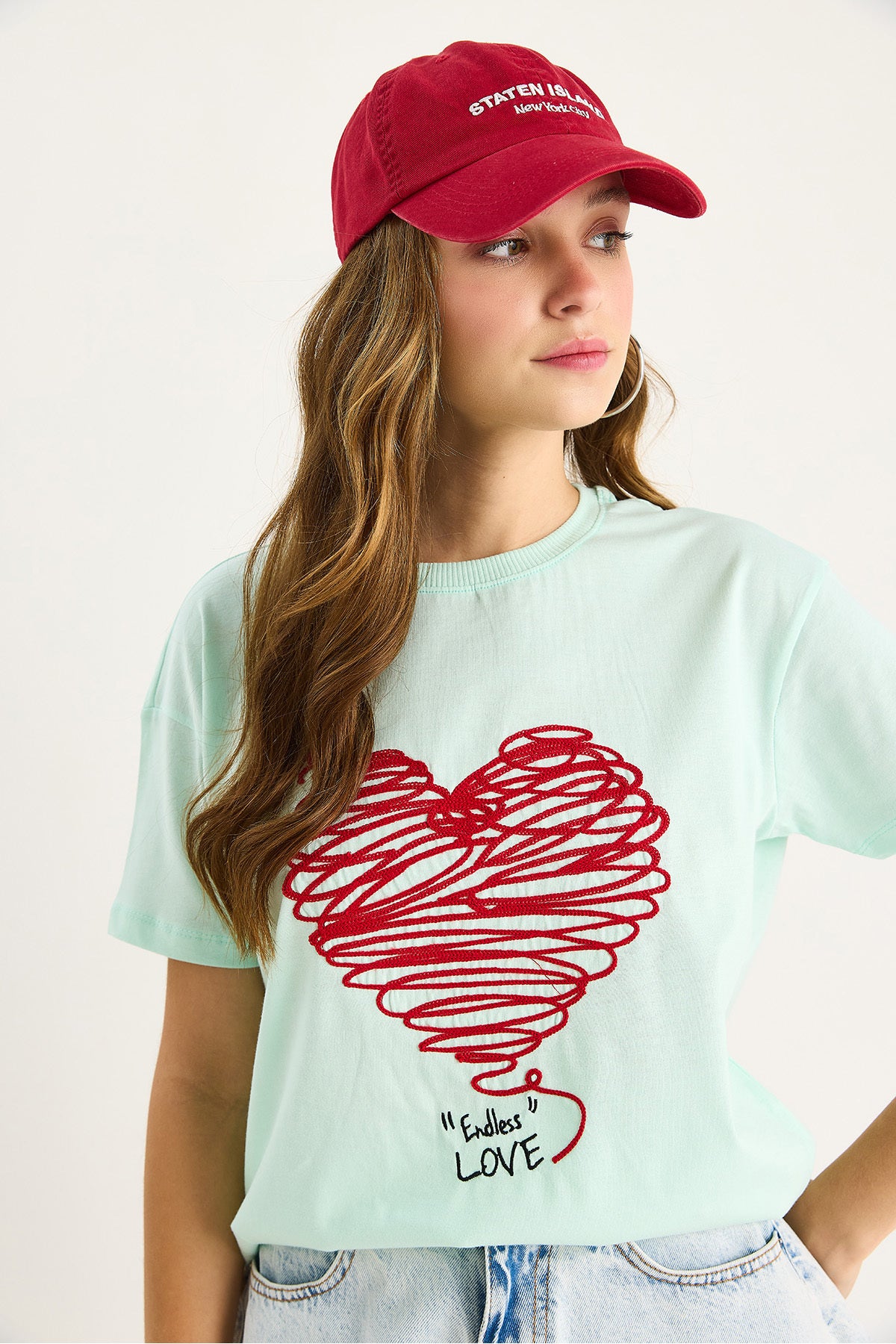 Women's Cotton Short Sleeve Crew Neck Heart Embroidered T-Shirt 60602028